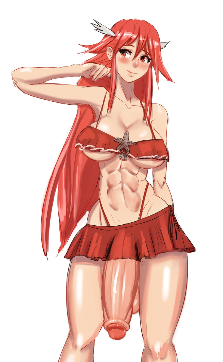 1futa, abs, bikini, blush, cordelia (fire emblem), fire emblem, fire emblem awakening, fire emblem heroes, futa only, futanari, hair accessory, huge cock, intersex, long hair, muscular, muscular futa, penis, red hair, streachybear, swimsuit