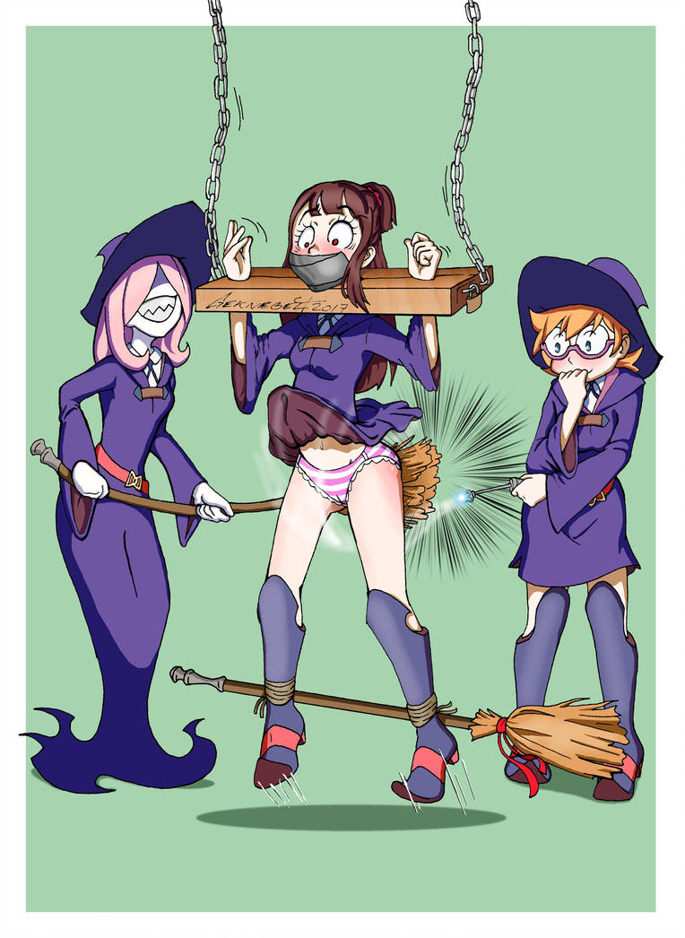 3girls blonde_hair blue_eyes bondage bound bound_ankles bound_wrists broom brown_hair chains covering_mouth evil_grin female female_only femdom femsub gag gagged geknebelt glasses hand_over_own_mouth improvised_gag kagari_atsuko little_witch_academia lotte_yansson multiple_doms multiple_girls panties pillory red_eyes restrained skirt_lift spanking striped_panties sucy_manbavaran tape tape_gag taped_mouth