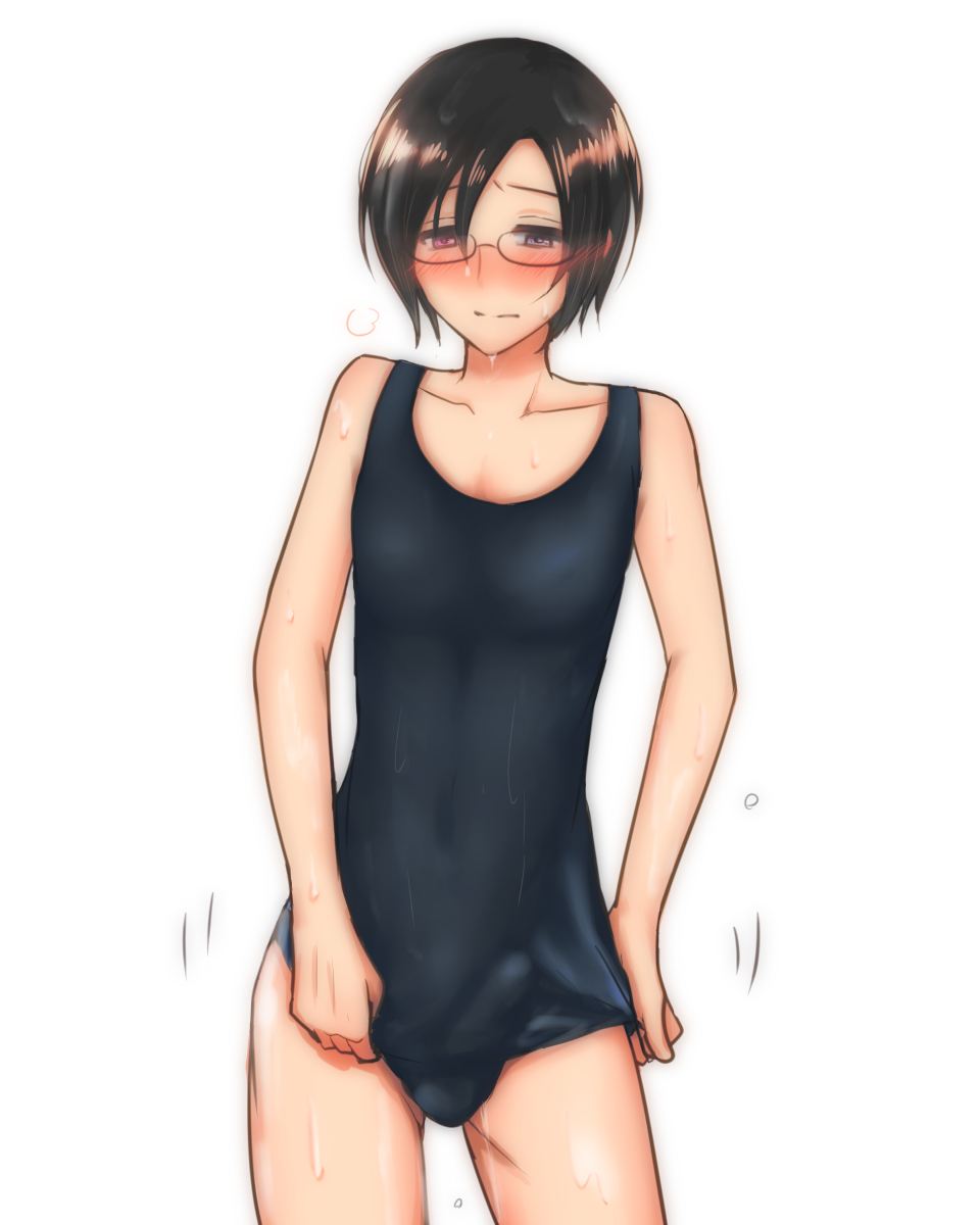 1boy blush erection_under_clothes femboy girly glasses momoyama one-piece_swimsuit solo swimsuit tagme trap