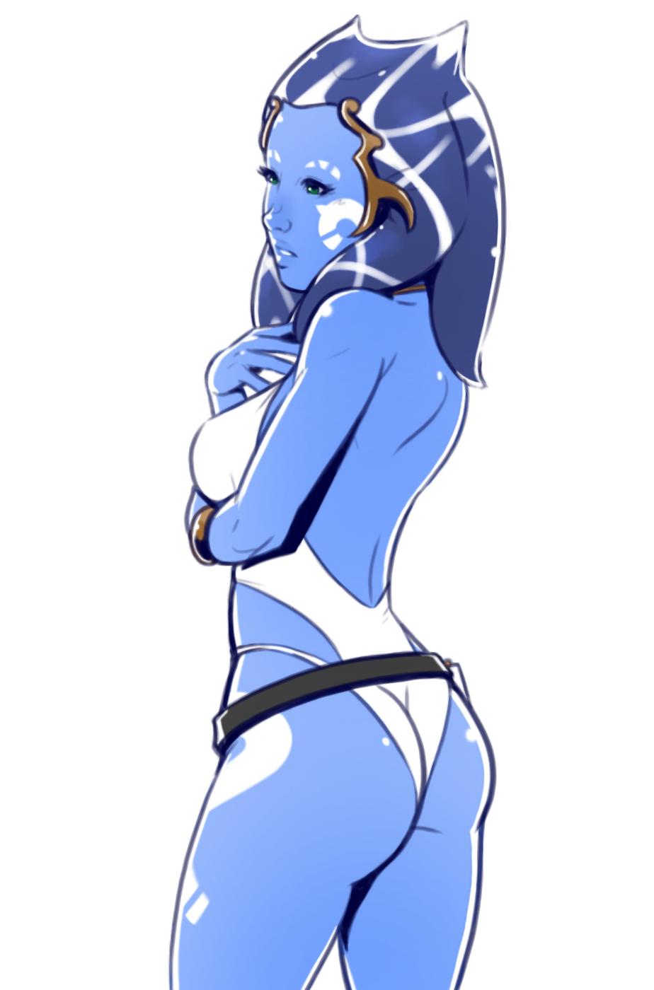 ass back belt bioware blue_hair blue_skin blue_twi'lek breasts dave_cheung female green_eyes kelana_rin lucasfilm medium_breasts nose solo star_wars star_wars:_the_old_republic star_wars_legends swimsuit tentacle_hair togruta white_swimsuit