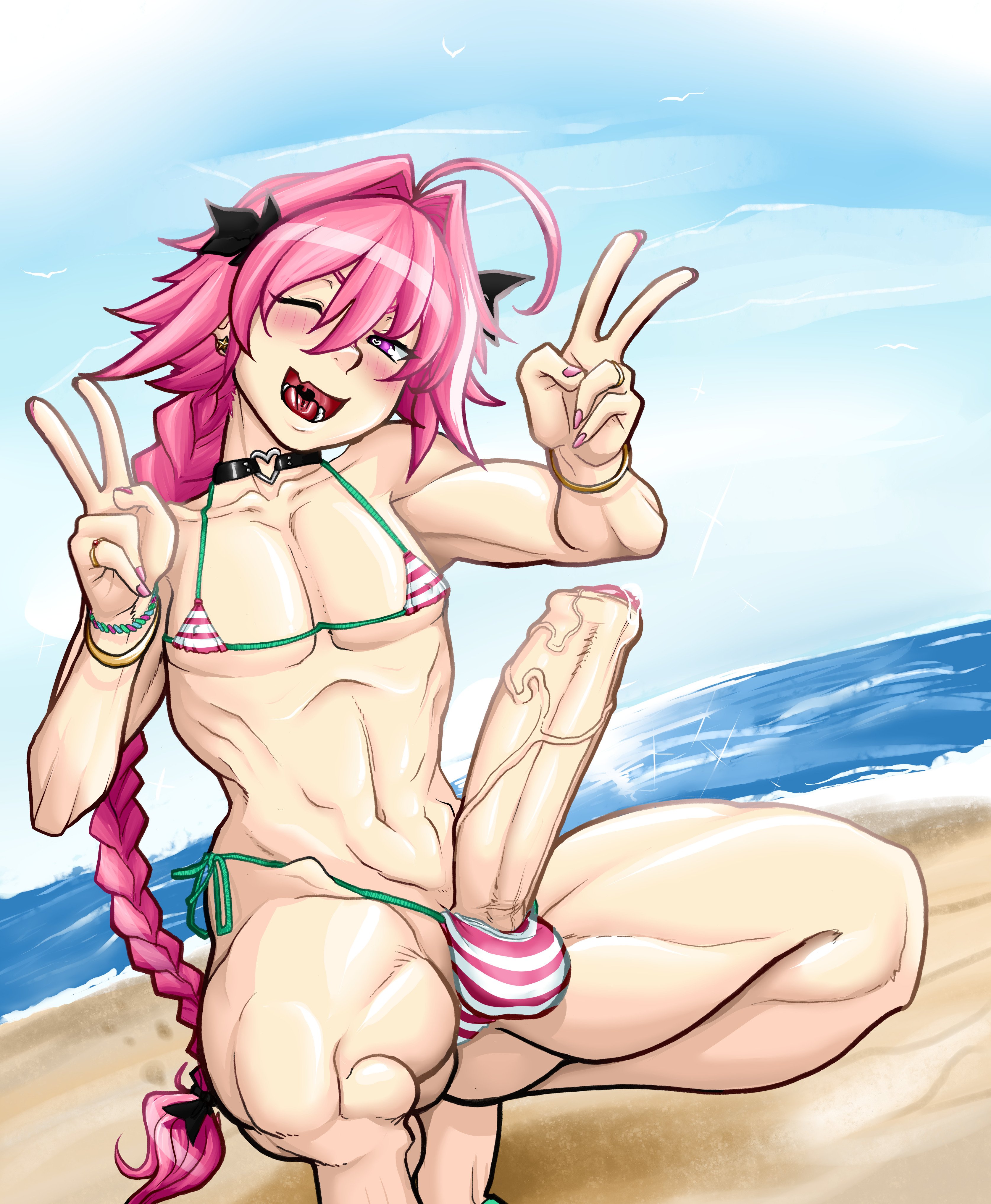1boy, abs, ambush (trap), astolfo (fate), balls, balls in panties, beach, big penis, bikini, braid, double v, earrings, fate (series), fate/apocrypha, femboy, french braid, heart, heart-shaped pupils, hung trap, jewelry, long hair, male, male only, muscles, muscular, navel, ocean, open mouth, painted nails, penis, pink eyes, pink hair, ponytail, precum, ring, side-tie bikini, smile, solo, squatting, swimsuit, symbol-shaped pupils, tammaro, tiptoes, trap, uvula, v, veins, veiny penis, wristband