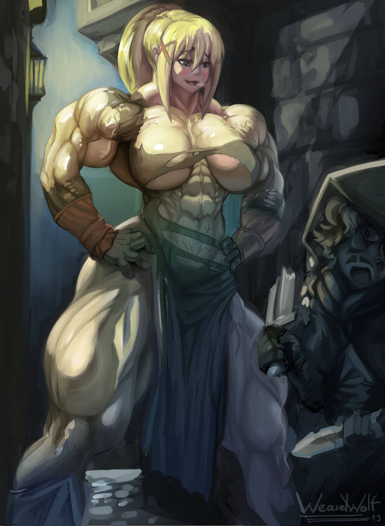 1boy, big breasts, blonde hair, breasts, darkness (konosuba), extreme muscles, female, huge muscles, kono subarashii sekai ni shukufuku wo!, male, muscles, muscular, muscular female, size difference, taller female