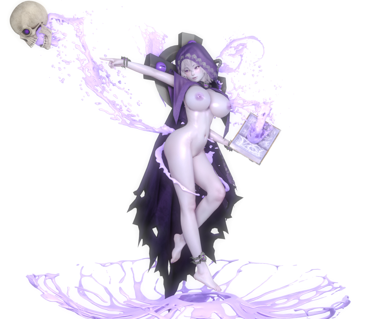 3d, arcadia, female, lich, lich (monster girl encyclopedia), monster girl, monster girl encyclopedia, purple skin, skull, undead, undead female