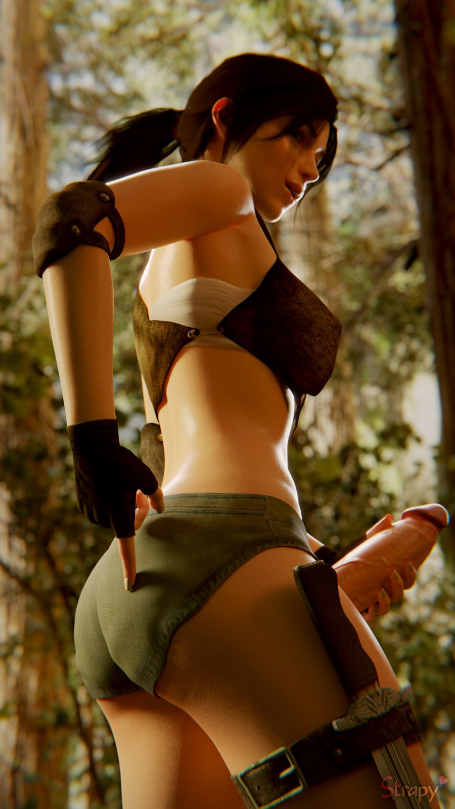 1futa, 3d, ass, blender, breasts, curvy, erect nipples, erection, futa only, futa sans pussy, futanari, holding penis, huge penis, intersex, lara croft, lara croft (survivor), large ass, looking at viewer, looking back, medium breasts, nipple bulge, nipples, panties, penis, penis out, ponytail, realistic, solo, solo futa, strapy, tomb raider, tomb raider (survivor), veiny penis
