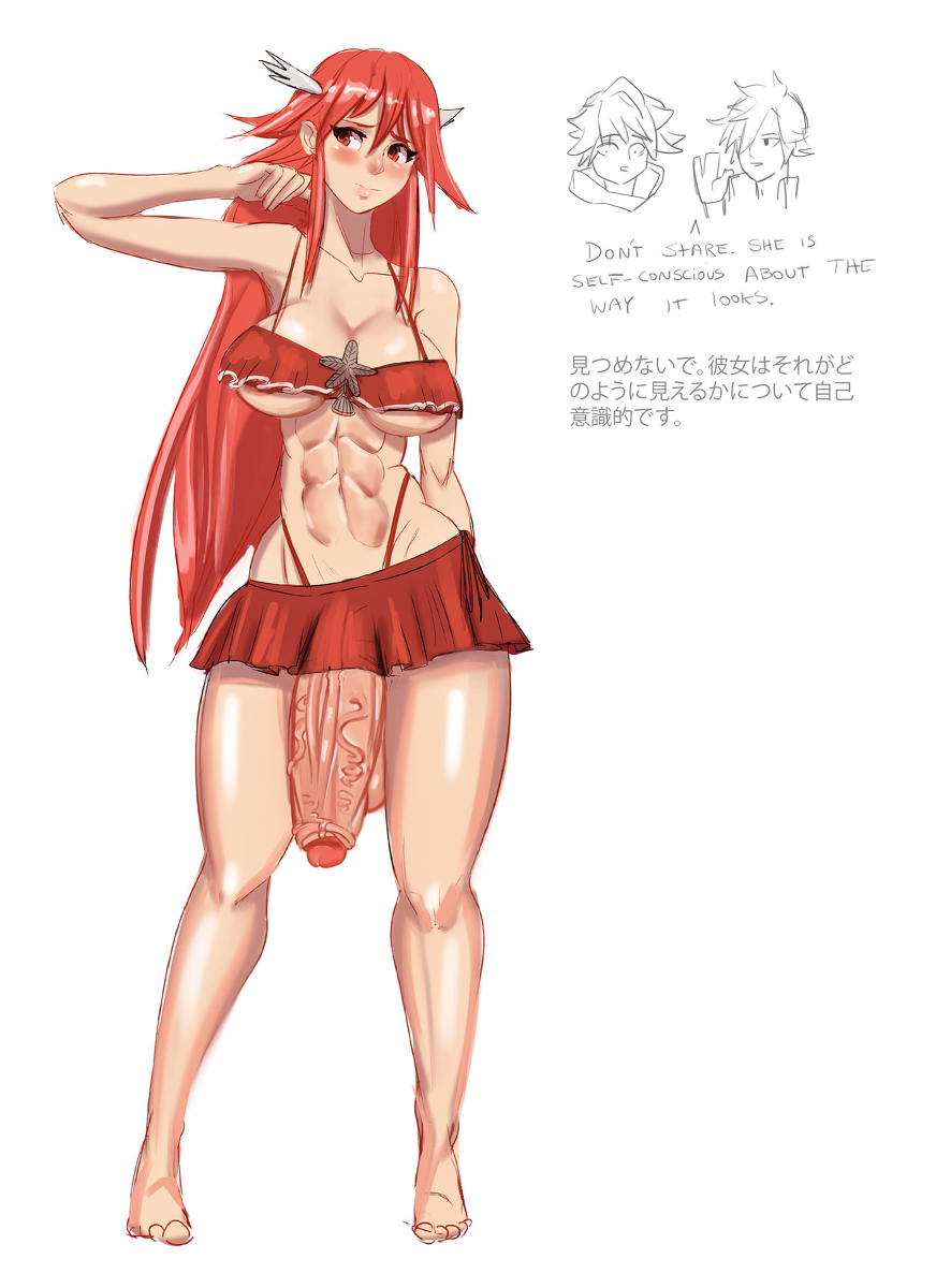 1futa, abs, bikini, blush, cordelia (fire emblem), dialogue, english text, fire emblem, fire emblem awakening, fire emblem heroes, futa only, futanari, hair accessory, huge cock, intersex, japanese, japanese text, long hair, male, muscular, muscular futa, penis, red hair, robin (fire emblem), robin (fire emblem) (male), streachybear, swimsuit, text, veiny penis