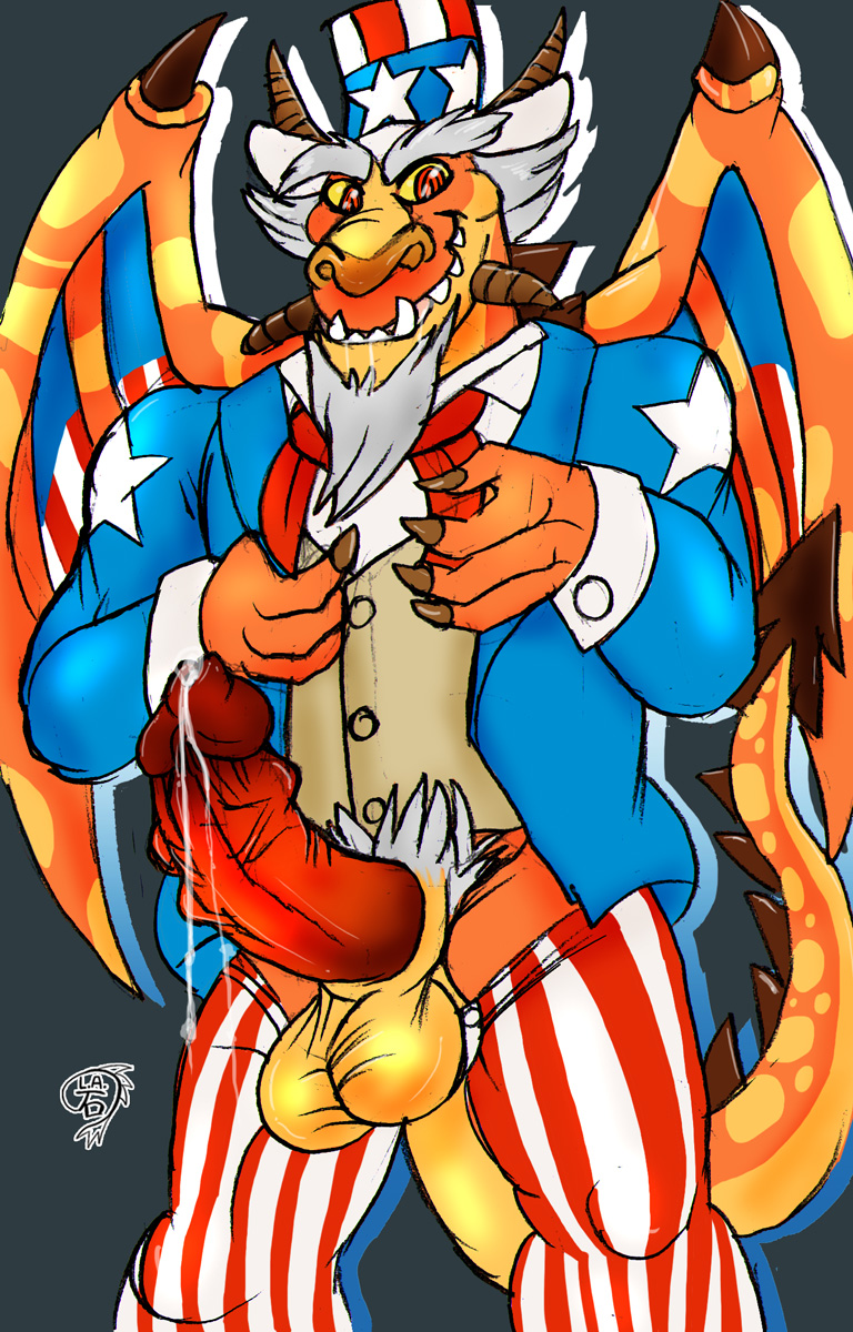 anthro dragon dragon_city erection male male_only penis saberkenji solo uncle_sam wings