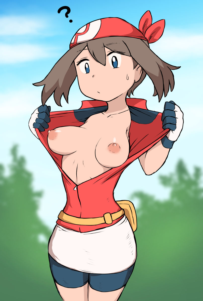 1girls bag bandana bike_shorts blue_eyes breasts breasts_out brown_hair eyebrows female flashing game_freak highres human human_only iegami long_hair may_(pokemon) may_(pokemon_rs) nintendo open_mouth outside pokemon pokemon_rse shirt solo spats standing wide_hips