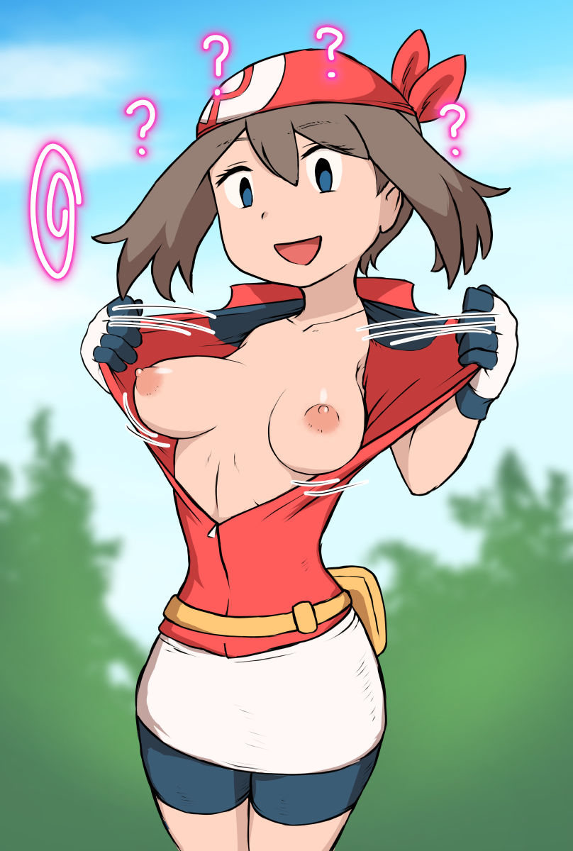 1girls bag bandana bike_shorts blue_eyes breasts breasts_out brown_hair eyebrows female flashing game_freak highres human human_only iegami long_hair may_(pokemon) may_(pokemon_rs) nintendo open_mouth outside pokemon pokemon_rse shirt solo spats standing wide_hips