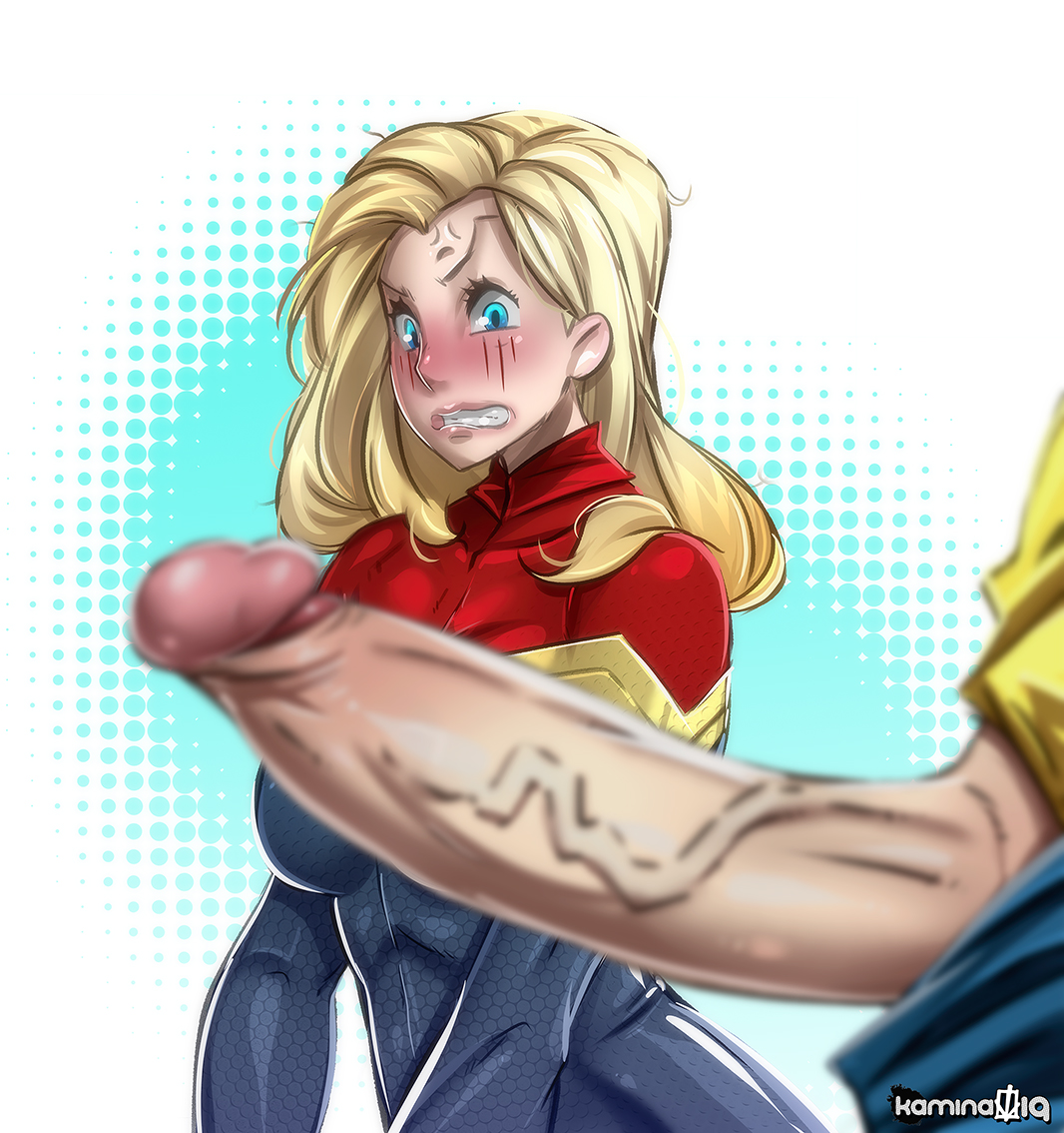 1boy, 1girls, angry, artist name, blonde hair, blue eyes, blush, bodysuit, breasts, captain marvel, carol danvers, clenched teeth, clothed, clothing, female, hair, huge penis, kamina1978, long hair, looking at penis, male, marvel, marvel comics, penis, penis awe, penis out, scared, teeth, text, uniform, veins, veiny penis, watermark