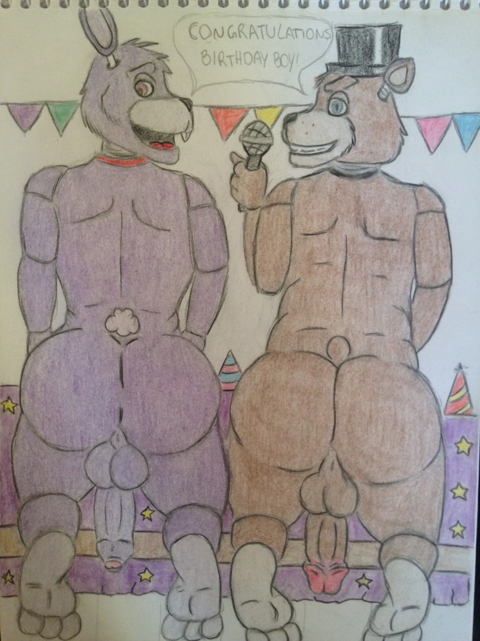 animatronic anthro anus ass backsack balls bear bear_tail blue_eyes bonnie_(fnaf) brown_fur butt crazy_company feet five_nights_at_freddy's foreskin freddy_(fnaf) gay penis purple_fur rabbit rabbit_ears rabbit_tail red_eyes top_hat uncut