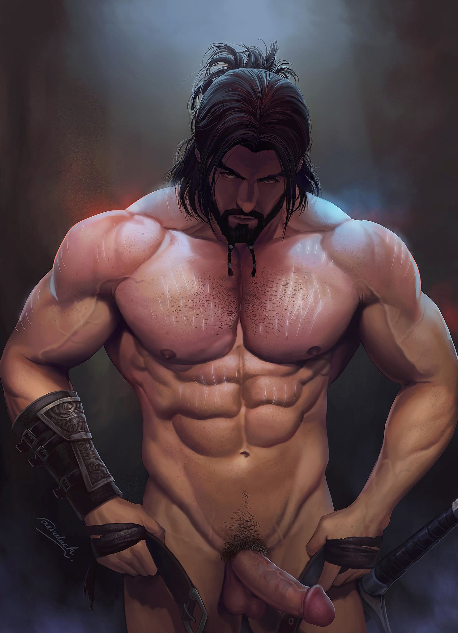 1boy, abs, aenaluck, balls, bara, beard, belt, black hair, carlnes (aenaluck), chest hair, erect penis, erection, facial hair, human, human only, long hair, looking at viewer, male, male chest, male focus, male only, masculine male, muscles, muscular, muscular male, nipples, nude, nude male, original character, pecs, penis, pubic hair, realistic, six pack, solo, solo focus, solo male, sword, testicles, tied hair, undressing, vein, veins, veiny muscles, veiny penis, weapon, yaoi