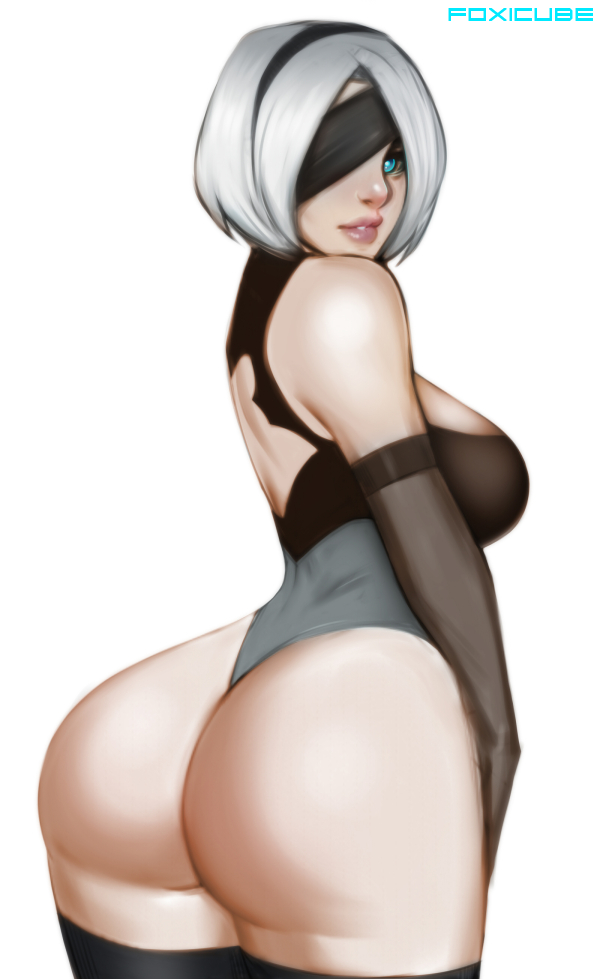 android, artist name, ass, big ass, blindfold, blue eyes, clothing, curvy, female, foxicube, hair, leotard, nier, nier: automata, video games, watermark, white hair, yorha 2b