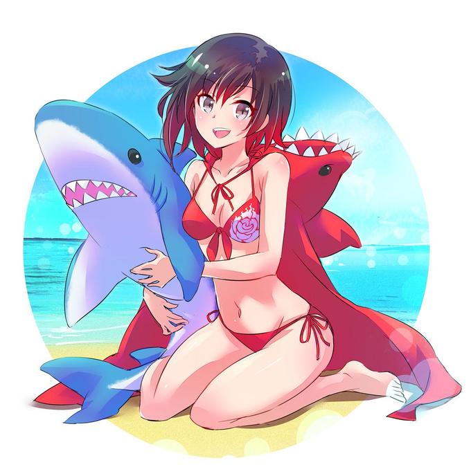 1girls beach bikini black_hair cute gradient_hair iesupa looking_at_viewer medium_breasts medium_hair red_bikini red_hair rooster_teeth ruby_rose rwby shark shark_hood silver_eyes sitting solo solo_female solo_focus thighs