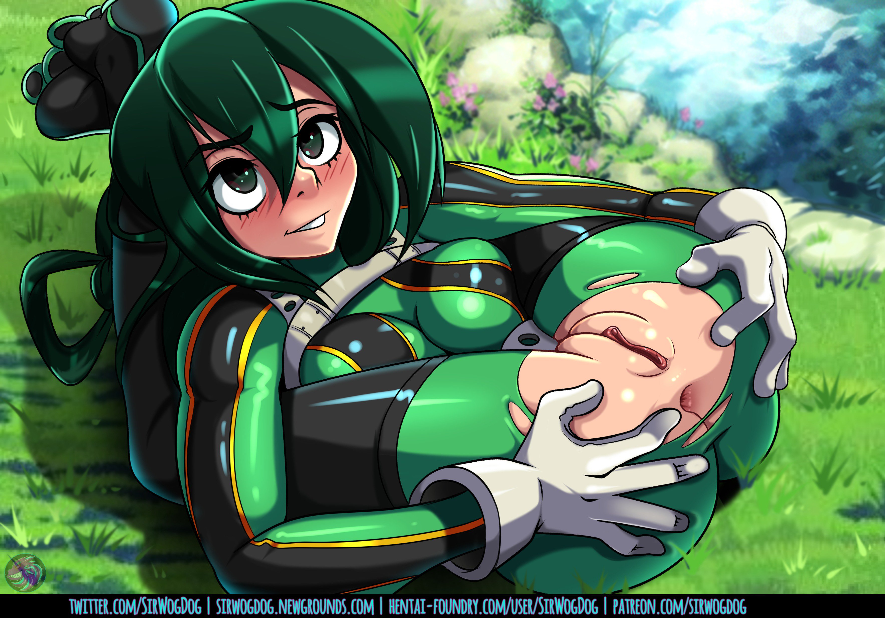 1girls, anus, ass, ass grab, bodysuit, boots, clothing, female, female only, flexible, frog girl, gloves, green eyes, green hair, hair, hero outfit (mha), light skin, light-skinned female, my hero academia, patreon, presenting, presenting anus, presenting pussy, pussy, seductive, sirwogdog, skin tight, solo, solo female, solo focus, text, torn clothes, tsuyu asui, uniform, url, watermark