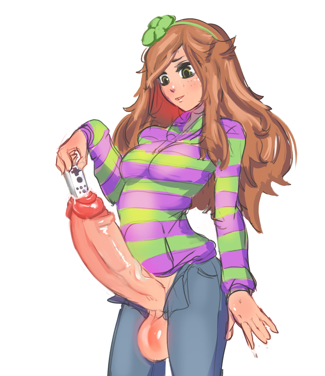 1futa balls breasts brown_hair clothed cum cum_drip cumshot erection futa_only futa_urethral_insertion futanari futanari_penetrated green_eyes hoodie hyper hyper_penis intersex jeans large_balls long_hair medium_breasts no_panties open_jeans penis penis_out penis_through_fly red_hair solo sounding streachybear sweater urethra urethral urethral_insertion veiny_penis vivian_james wii wiimote