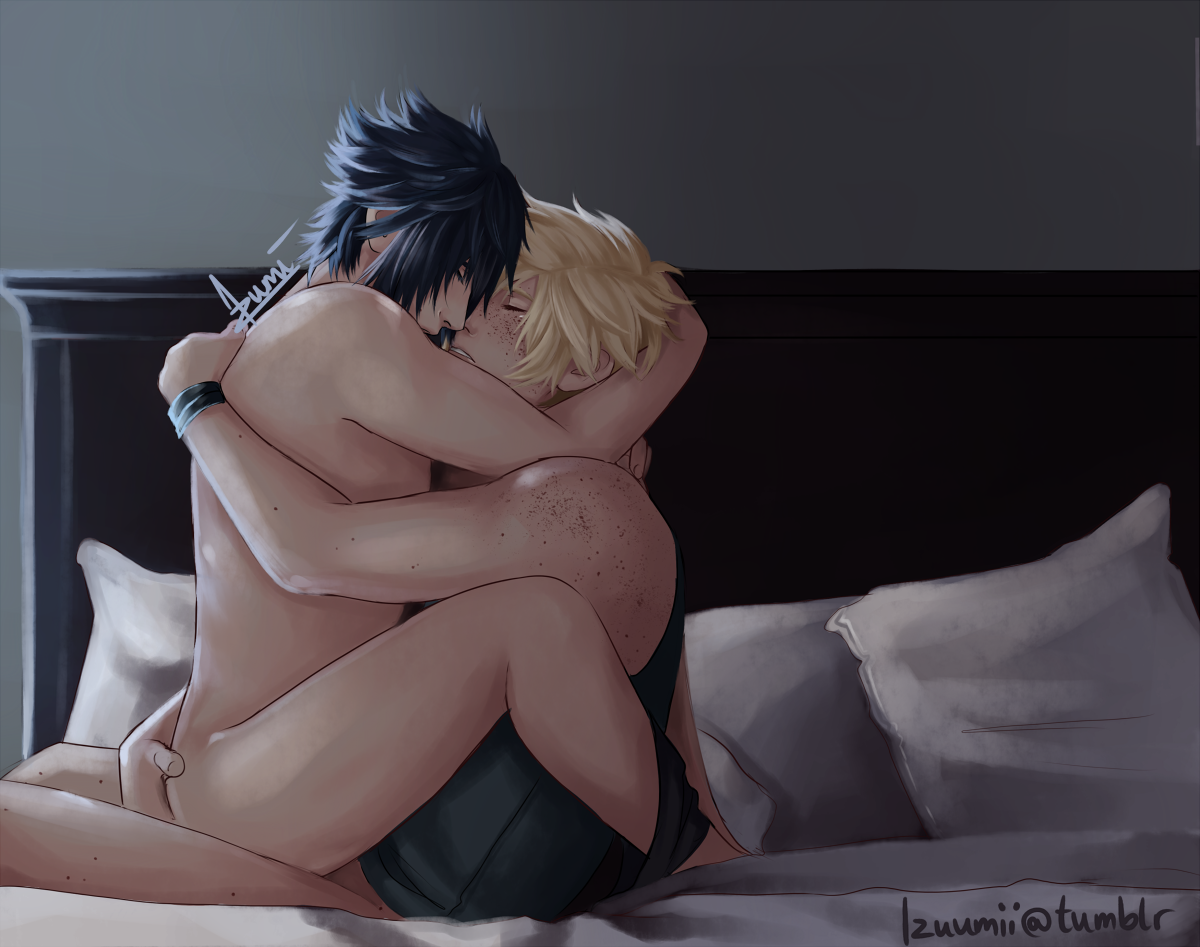 2boys, anal, artist request, bed, bedroom, black hair, blonde hair, closed eyes, final fantasy, final fantasy xv, gay, male, male focus, male only, male/male, multiple boys, multiple males, noctis lucis caelum, nude, penetration, pillow, prompto argentum, sex, sitting, straddling, yaoi