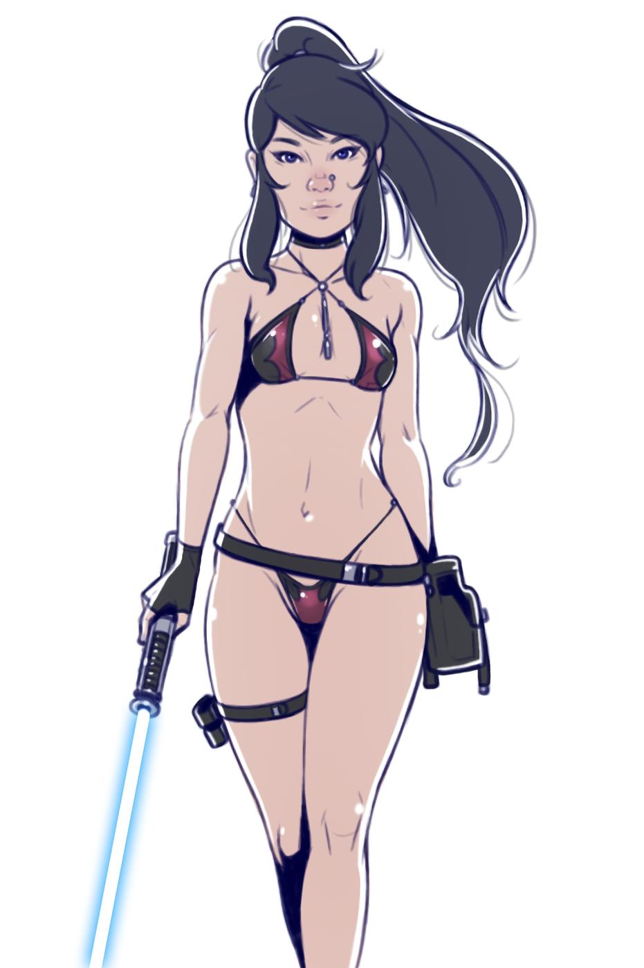 1girls 2019 alternate_hairstyle belt_pouch bikini bioware black_hair blue_eyes blue_lightsaber choker dave_cheung female female_only human jedi jedi_knight lightsaber long_hair lucasfilm navel necklace nose_piercing pendant ponytail sidelocks small_breasts solo star_wars star_wars:_the_old_republic star_wars_legends swept_bangs tanna_ran thigh_holster weapon