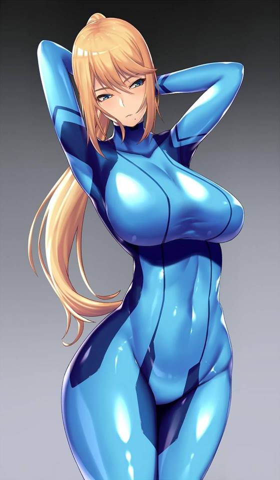 1girls blonde_hair blue_eyes bodysuit breasts color covered_navel female female_only hair_between_eyes large_breasts long_hair metroid mole_under_mouth nintendo ponytail samus_aran skin_tight solo takanashi-a thick_thighs tight_clothing tight_fit zero_suit zero_suit_samus