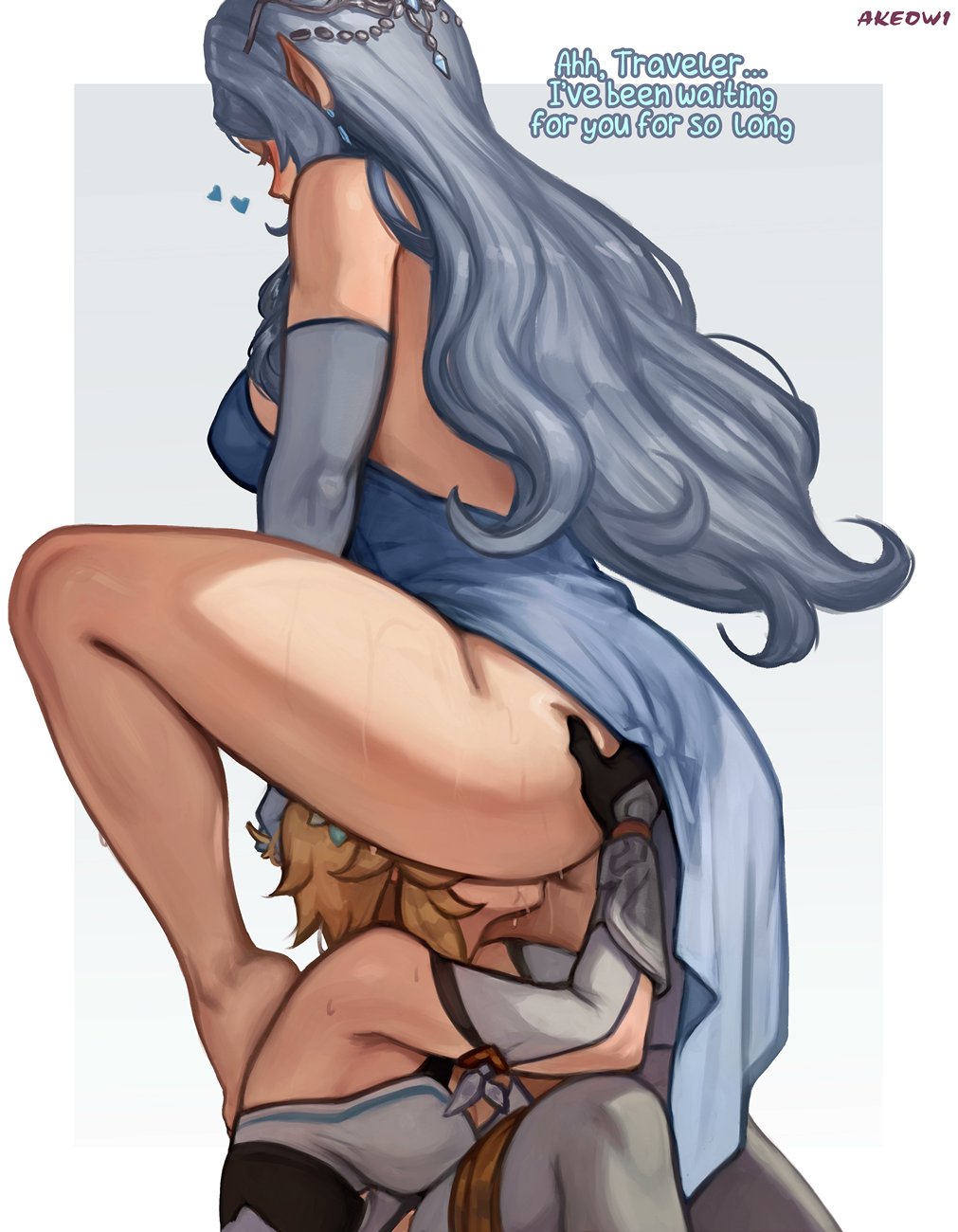 2girls, akeowi, artist name, ass, ass grab, bare legs, bare shoulders, barefoot, blonde hair, blush, breasts, cleavage, cunnilingus, dress, earrings, elbow gloves, english text, feet, feet on back, female, female only, from below, genshin impact, gloves, hand on ass, headgear, jewelry, leg lift, legs, long hair, lumine (genshin impact), multiple girls, no panties, oral, oral sex, pointy ears, pussy juice, simple background, sweat, text, tsaritsa (genshin impact), yuri