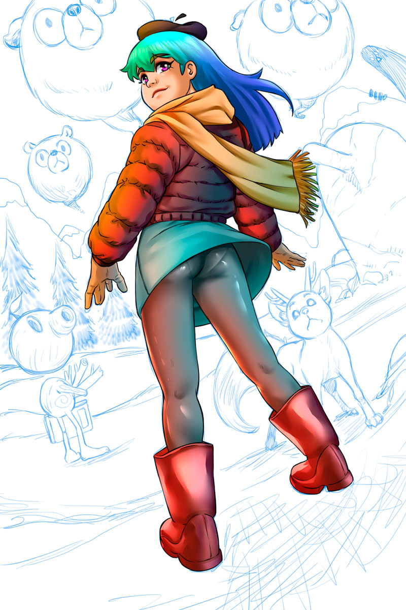 drianpika, dutch angle, female, first porn of character, hilda (hilda), hilda (series), kamillahe, leggings, upskirt, white background
