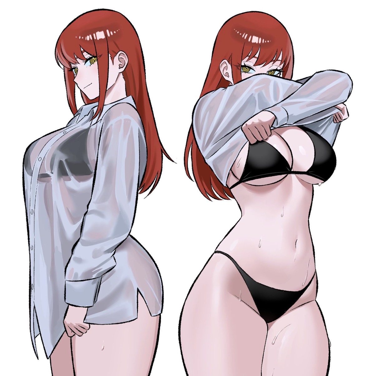 1girls, bangs, big breasts, bikini, black bikini, chainsaw man, curvy, curvy female, female, female only, hair down, long hair, makima (chainsaw man), red hair, see-through jacket, taking off jacket, thick thighs, tugging clothing, v line, wide hips, yellow eyes, zeon (zzeeonn), zeon j