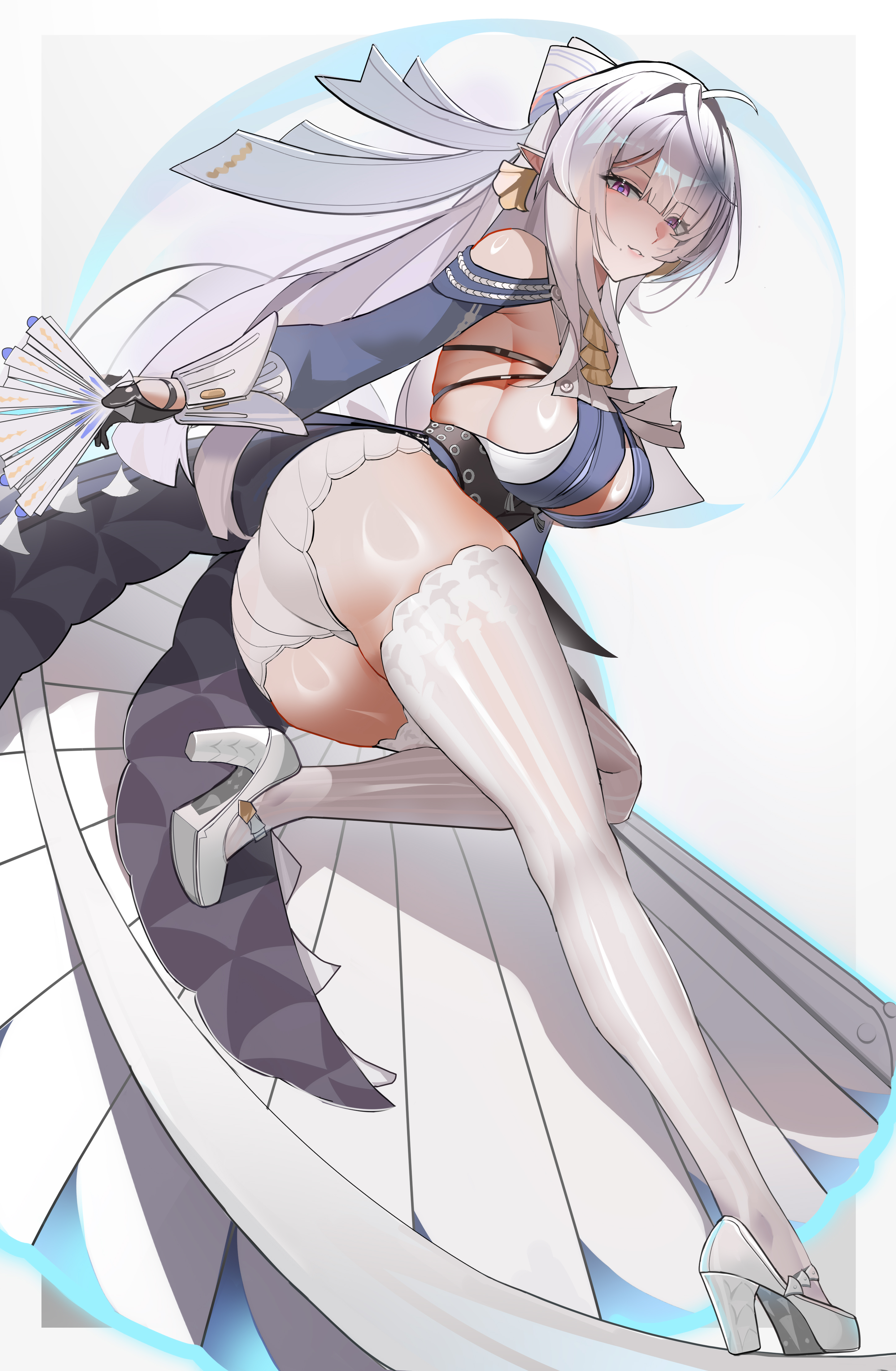 1girls, ass, ass focus, big breasts, breasts, female, hoyoverse, large breasts, long hair, mature female, mihoyo, panties, pantyshot, pantyshot (standing), purple eyes, thighhighs, underwear, upskirt, velina (zenless zone zero), velina airgid, white hair, white panties, white thighhighs, white underwear, zenless zone zero