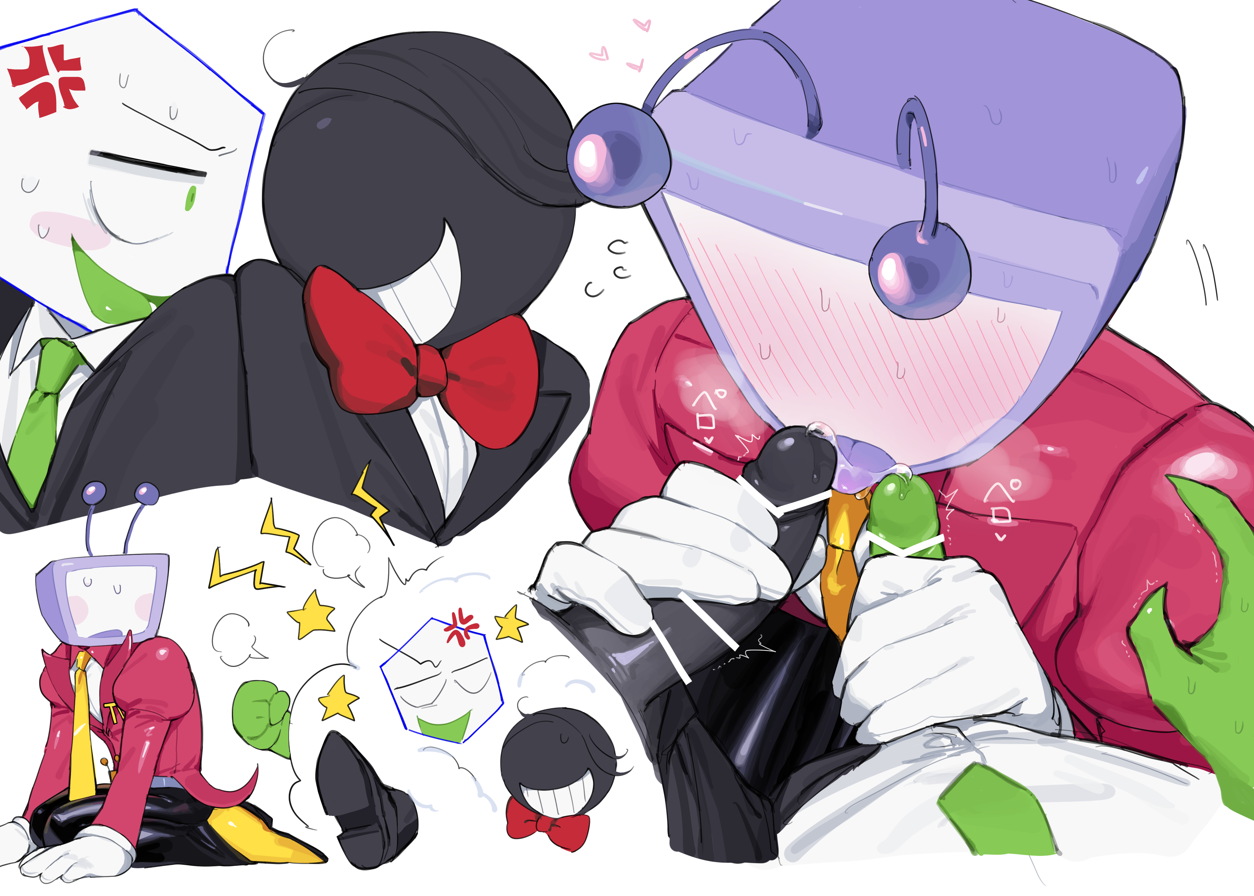 anger vein, angry, battat (deltarune), black shirt, clone, deltarune, fight cloud, fighting, gay, male, male only, oral sex, penis, pippins (deltarune), ponzumeshi, shoes, small mike (deltarune), sweat, tenna (deltarune), threesome, tie, undertale (series), white background, yaoi