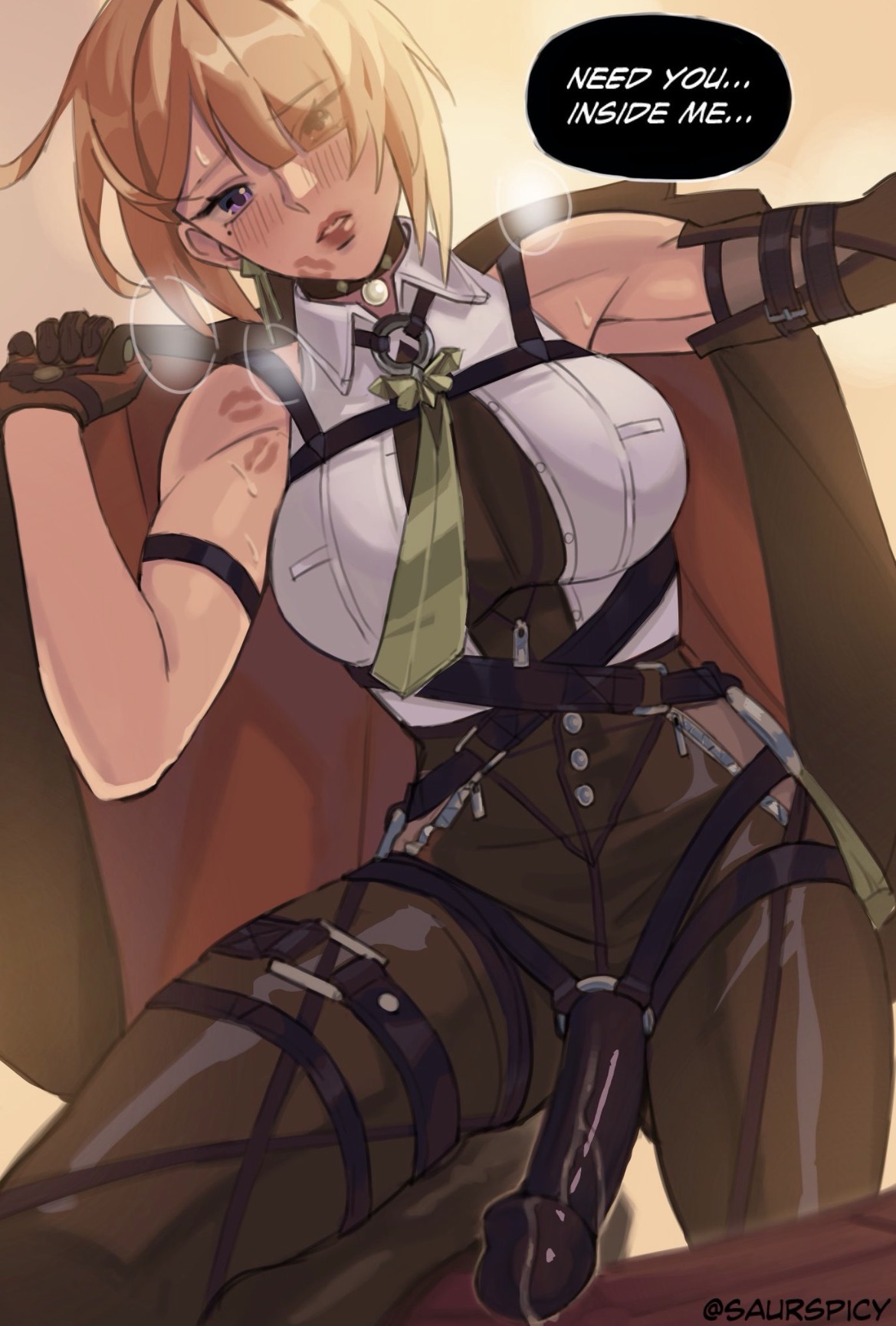 astra yao, big breasts, blonde hair, clothed sex, cum on strap, curvy female, evelyn chevalier, female pov, female/female, hair bun, hair over one eye, kiss marks, lesbian, lesbian sex, lipstick, offscreen character, plump lips, strap-on, sweat, thick thighs, yuri, zenless zone zero