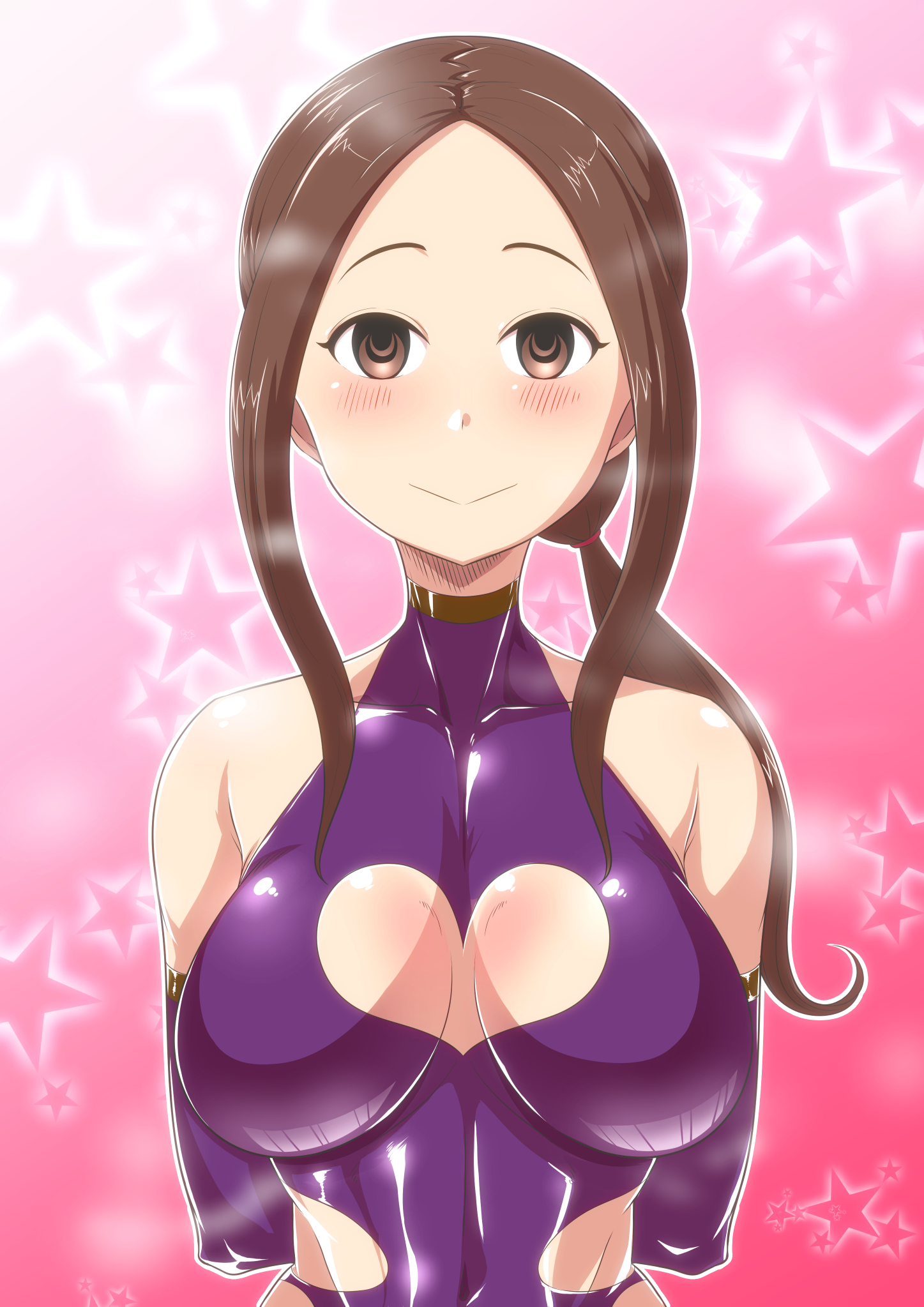 1girls, 2019, aged up, alternate version available, bare shoulders, big breasts, blush, bodysuit, breasts, brown eyes, brown hair, busty, clothing, curvy, detailed background, empty eyes, eyelashes, female, female only, front view, hourglass figure, human, karakai jouzu no takagi-san, long hair, looking at viewer, pose, posing, shiny, shiny skin, short hair, simple background, solo, takagi-san, voluptuous, wide hips, zxcv