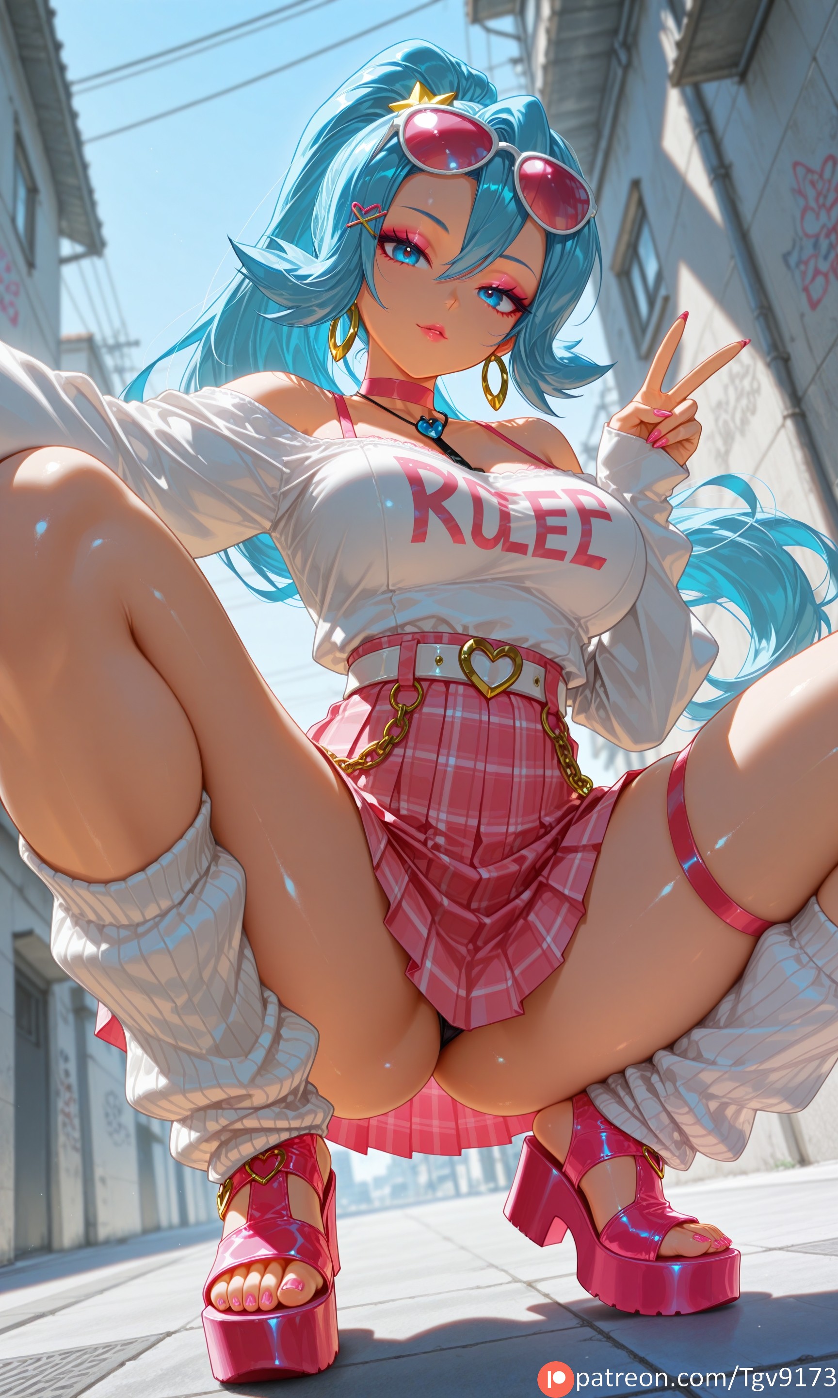 1girl, 1girls, ai generated, alternate breast size, alternate breast size (larger), alternate costume, ass, bangs, bare shoulders, belt, bimbo, bimbofication, black panties, blue eyes, blue hair, breasts, choker, clair (pokemon), commission, commission art, commissions open, corruption, day, earrings, eyeshadow, eyewear on head, gyaru, gyaru gal, gyarufication, hair between eyes, hair ornament, hairclip, high heels, highres, hoop earrings, image, image sample, image set, jewelry, large breasts, lipstick, long hair, long sleeves, looking at viewer, makeup, more at source, nail polish, necklace, off shoulder, outdoors, panties, pastel colors, patreon, pink eyeshadow, pink lipstick, pink nails, pink skirt, pixiv, pixiv commission, pixiv link, pixiv sample, plaid, plaid skirt, platform footwear, pleated skirt, pokemon, pokemon (game), pokemon gsc, ponytail, provocative, revealing clothes, self upload, shirt, skirt, socks, solo, spread legs, squatting, sunglasses, tgv9173, thigh strap, toenail polish, toenails, underwear, v, y2k, y2k fashion