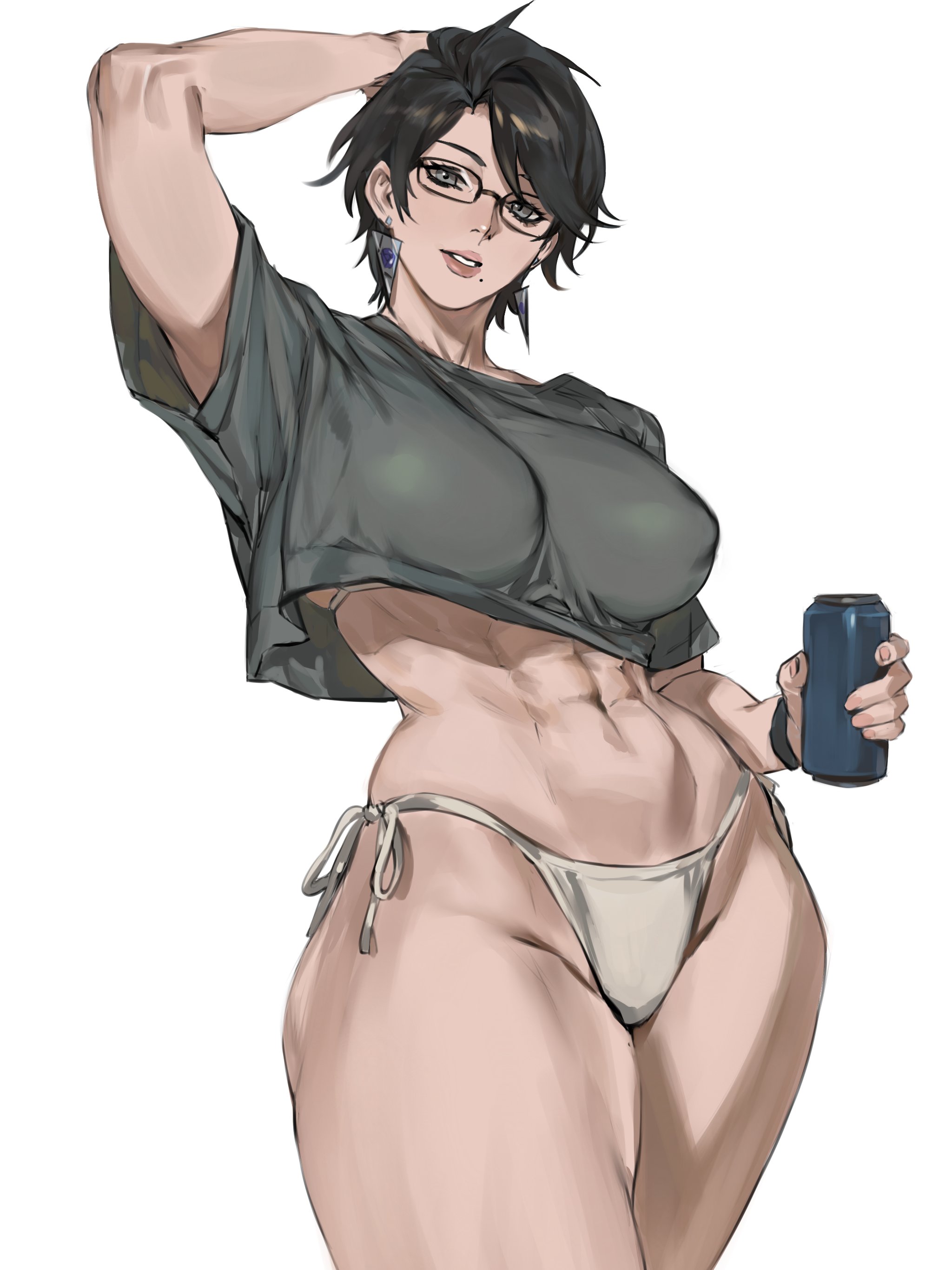 1girls, abs, athletic, athletic female, bayonetta, bayonetta (character), big boobs, big breasts, big tits, black hair, boobs, breasts, clothed, earrings, enargeia, female, female focus, female only, fit female, full lips, glasses, gray eyes, grey eyes, human, human female, large boobs, large breasts, large tits, light-skinned female, mature female, midriff, midriff baring shirt, nipple bulge, nipples, nipples visible through clothing, revealing clothes, short hair, slim waist, solo, taiyang yu, tall female, thicc, thick, thick ass, thick thighs, thighs, thong, tight clothing, tits, titties, toned, toned body, wide hips, wide thighs