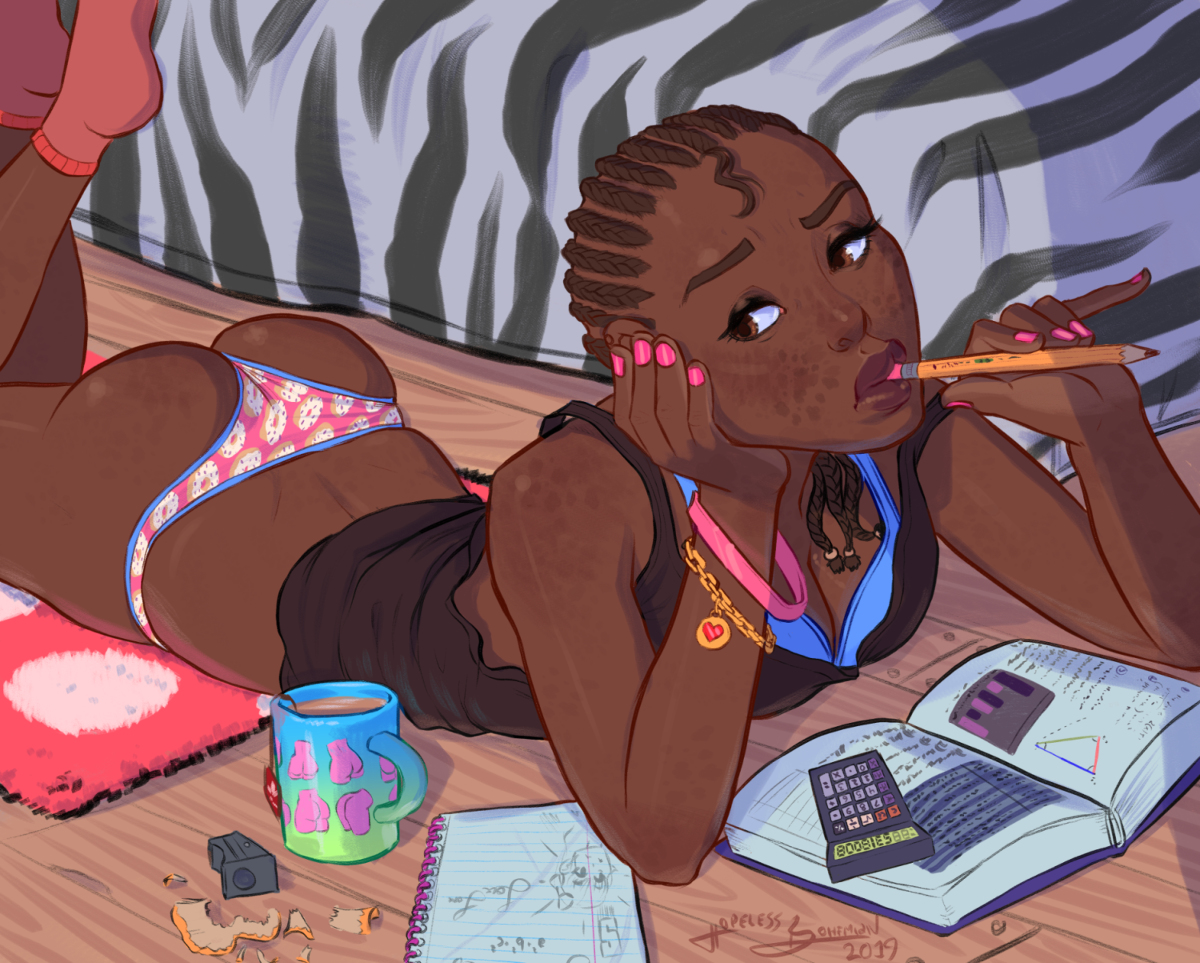 artist name, artist signature, ass, black female, book, bra, bracelet, coffee, cornrows, cute, dark skin, dark-skinned female, female, female only, freckles, homework, hopelessbohemian, jewelry, laying down, laying on stomach, leaning on hands, legs, legs up, object in mouth, panties, pencil, pink nail polish, socks, solo, top