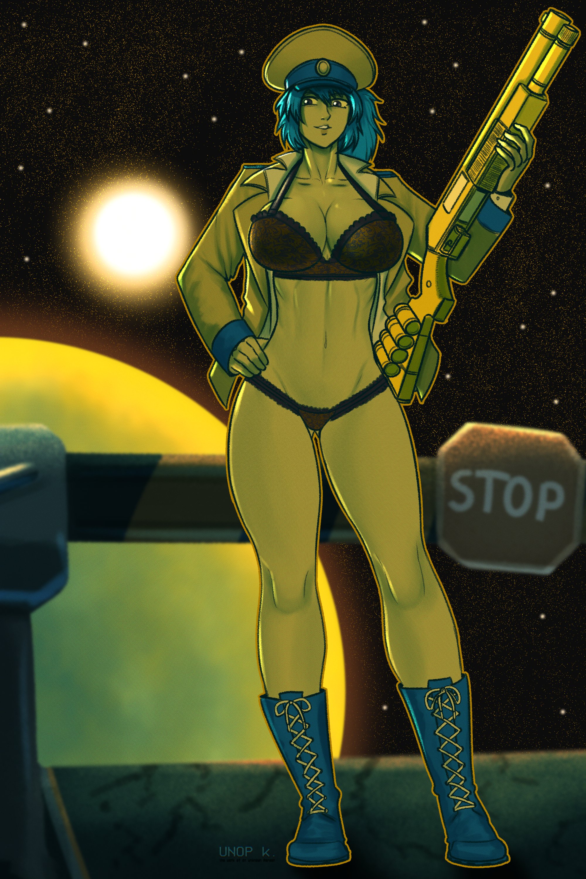 1girls, 2026, artist name, backlighting, belly button, big breasts, black bra, black panties, boots, bra, buttoned shirt, checkpoint, cleavage, combat boots, english text, female, full body, general commander (xenofeels), green hair, gun, hand on hip, hat, holding gun, holding shotgun, lingerie, long hair, long sleeves, looking at viewer, military hat, military officer, military uniform, navel, officer, open jacket, open shirt, outer space, panties, pantsless, planet, ponytail, shaded, shotgun, smile, solo, space, star, stop sign, sun, underwear, unop, xenofeels, yellow outline, yellow skin