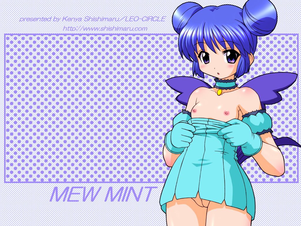 00s aizawa_mint arm_garter artist_name bare_shoulders bird_tail bird_wings blue_hair blush breasts character_name choker double_bun dress dress_pull female gloves jewelry magical_girl mew_mint mint_aizawa nipples no_bra no_panties pendant polka_dot polka_dot_background pussy shishimaru_ken'ya small_breasts solo strapless strapless_dress tail tokyo_mew_mew uncensored wallpaper watermark web_address wings