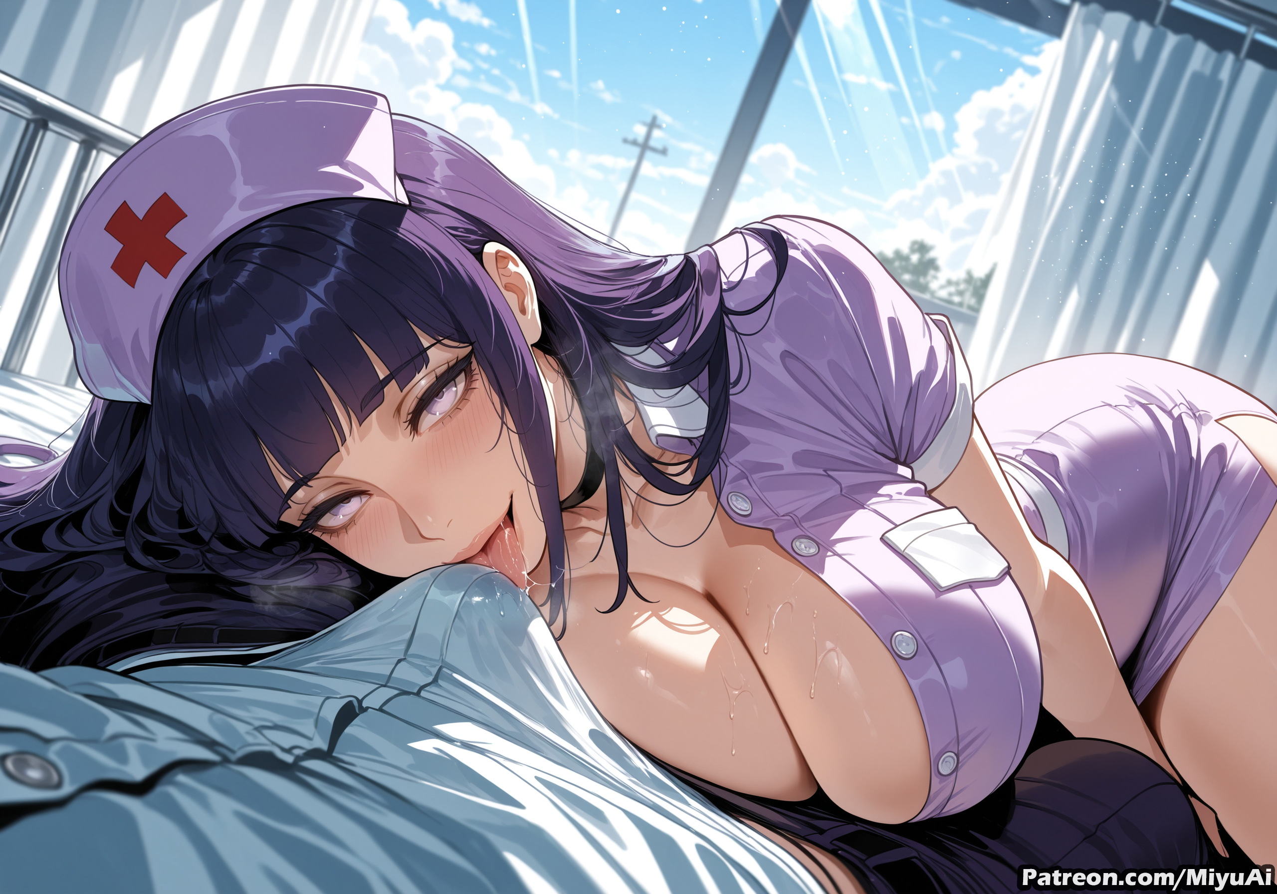 1boy, 1girl, ai assisted, ai generated, artist name, bangs, bed, blunt bangs, blush, breasts, choker, cleavage, curtains, curvaceous, curvy, curvy female, curvy figure, day, dress, erection under clothes, female, girl on top, hat, hospital bed, hyuuga hinata, indoors, large breasts, long hair, looking at viewer, lying, miyuai, mole, naruto (series), nurse, nurse cap, on bed, purple eyes, purple hair, smile, solo focus, sweat, thick, thick ass, thick butt, thick hips, thick legs, thick thighs, tongue, voluptuous, voluptuous female, wide hips, wide thighs, window