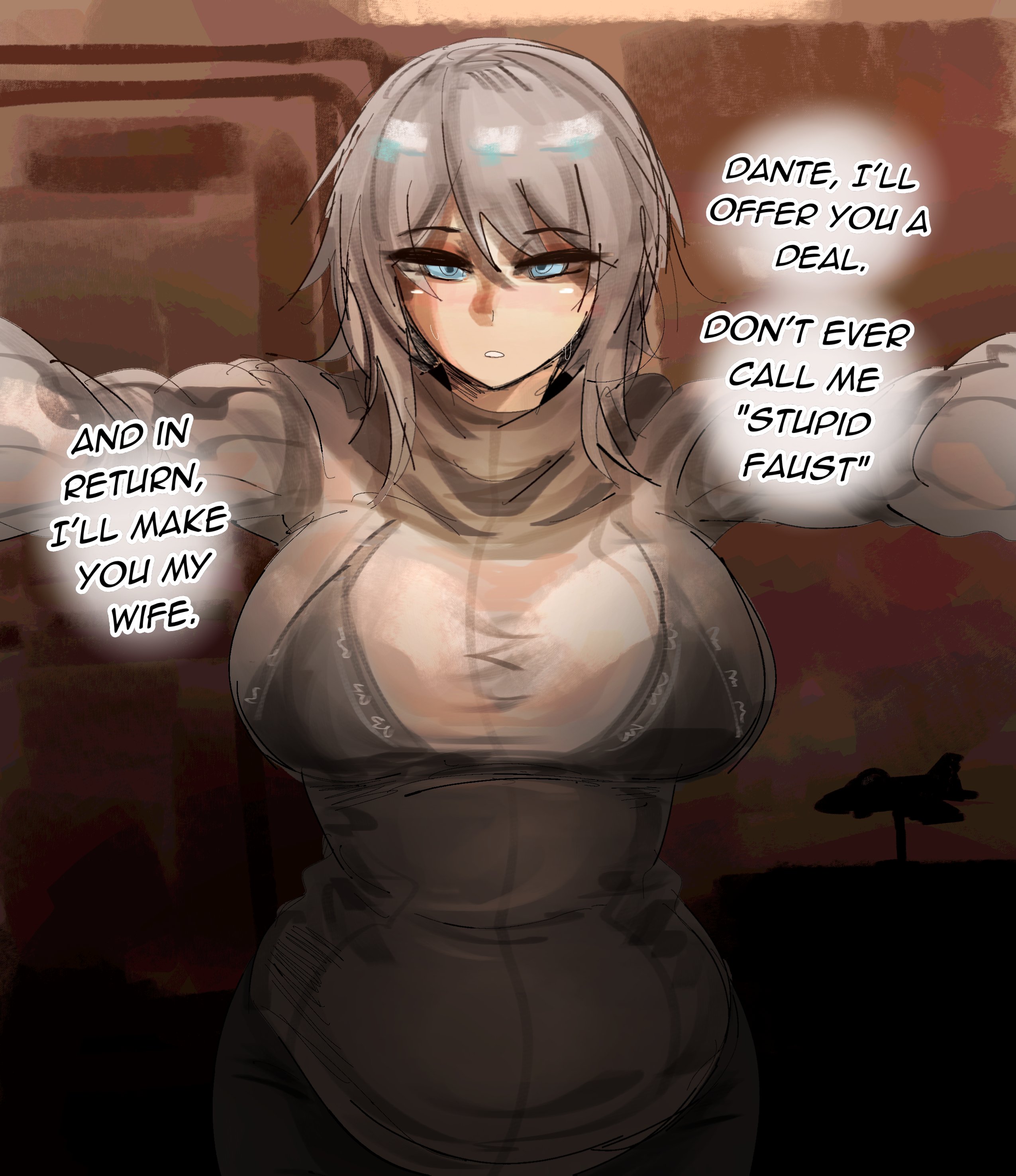 1girls, ambiguous gender, arczaeon, background, big breasts, blue eyes, bra, breasts, chubby, dante (limbus company), dialogue, faust (limbus company), large breasts, limbus company, offering, pov, project moon, see-through, sweater, talking, talking to viewer, thick thighs, thunder thighs, transparent clothing, white hair