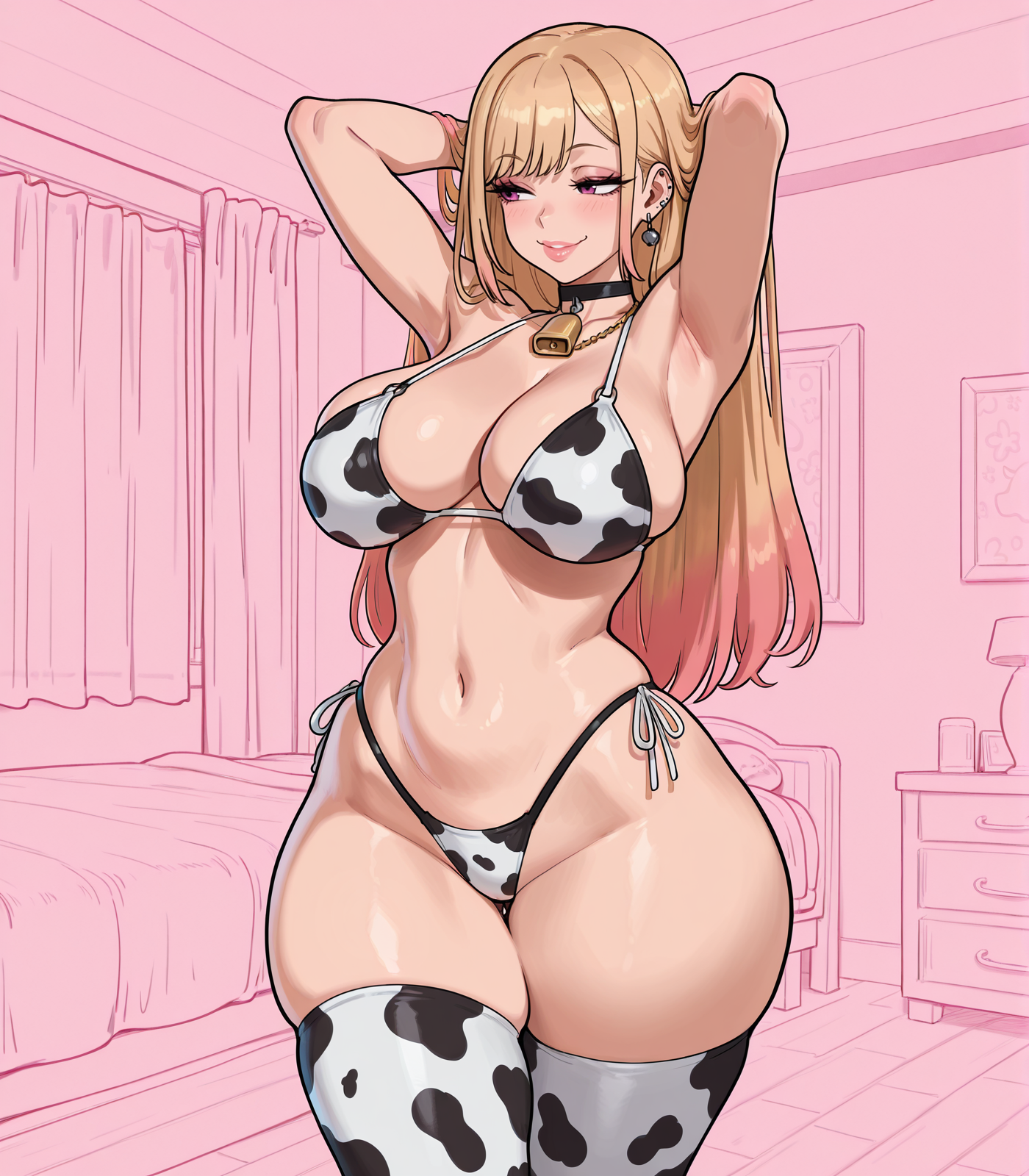 1girl, ai generated, ass, big ass, big breasts, boobs, clothed, cow print, cowkini, curvaceous, curvy, curvy female, curvy figure, eltibre878, hourglass figure, kitagawa marin, large ass, large breasts, marin kitagawa, my dress up darling, slutty female, small waist, thick thighs, thighhighs, white body, wide hips, wide thighs