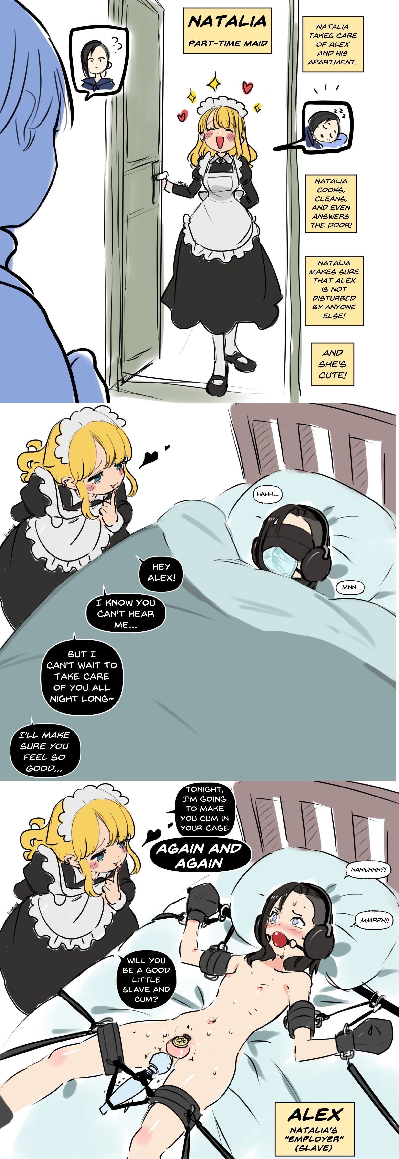 1boy, 1girls, alex (mollyyo), arm cuffs, ball gag, bed, black hair, blindfold, blonde hair, blue eyes, blush, blushing, bondage, bondage mittens, chastity, chastity cage, chastity device, dialogue, dominant, dominant female, drooling, ear muffs, english, english dialogue, english text, eudetenis, female, femdom, gag, gentle femdom, maid, maid headdress, maid outfit, maid uniform, male, malesub, mask, naked, naked male, nipples, nude, nude male, original, restrained, submissive, submissive male, thigh cuffs, thighs, vibrator