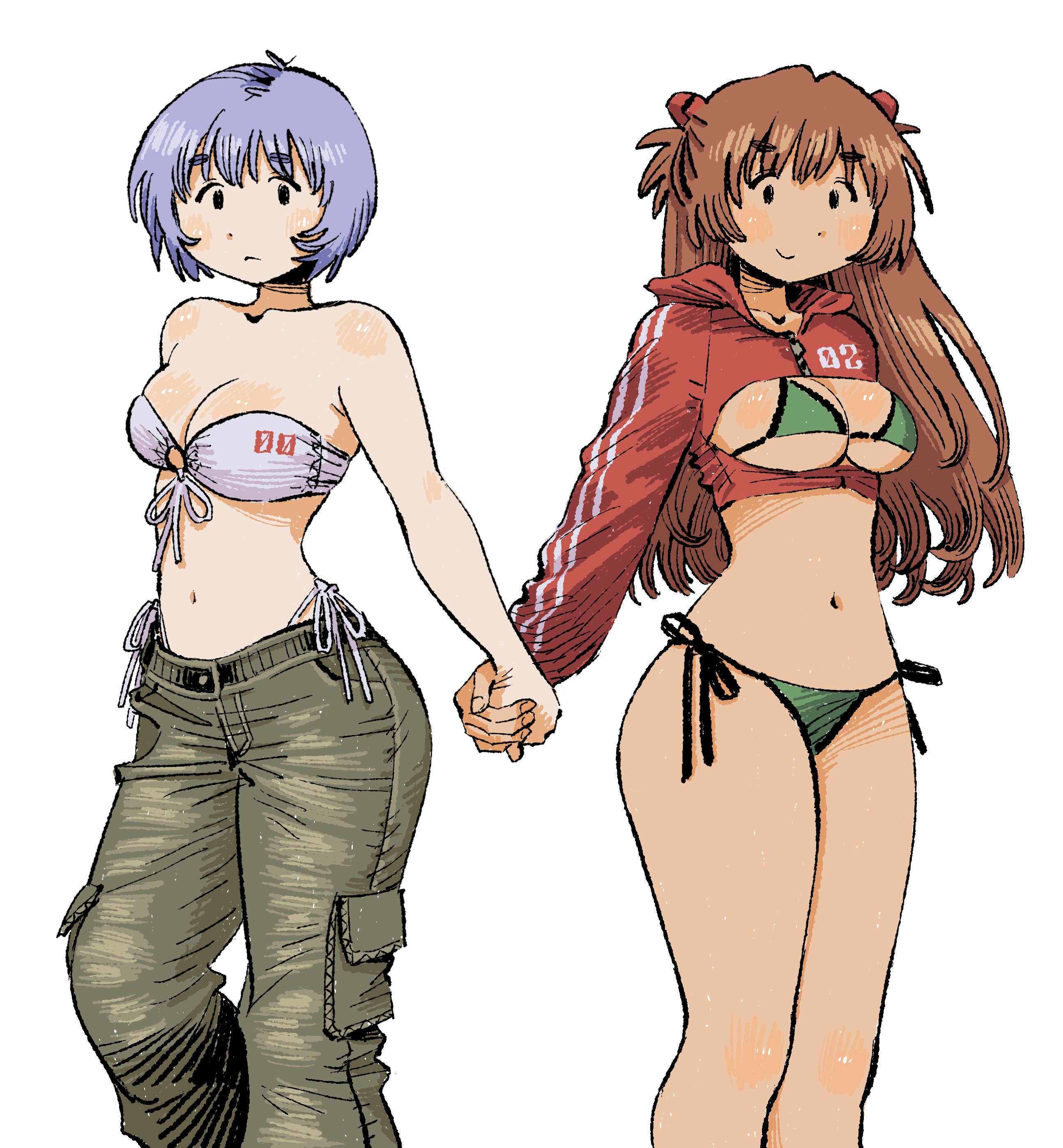 2girls, asuka langley sohryu, belly, belly button, bikini, blue hair, curvy, female, female focus, green bikini, holding hands, long hair, looking at viewer, neon genesis evangelion, orange hair, pale skin, pale-skinned female, pants, pantyhose, rei ayanami, short hair, slim waist, smile, standing, swimsuit, tagme, tan skin, white background, white bikini
