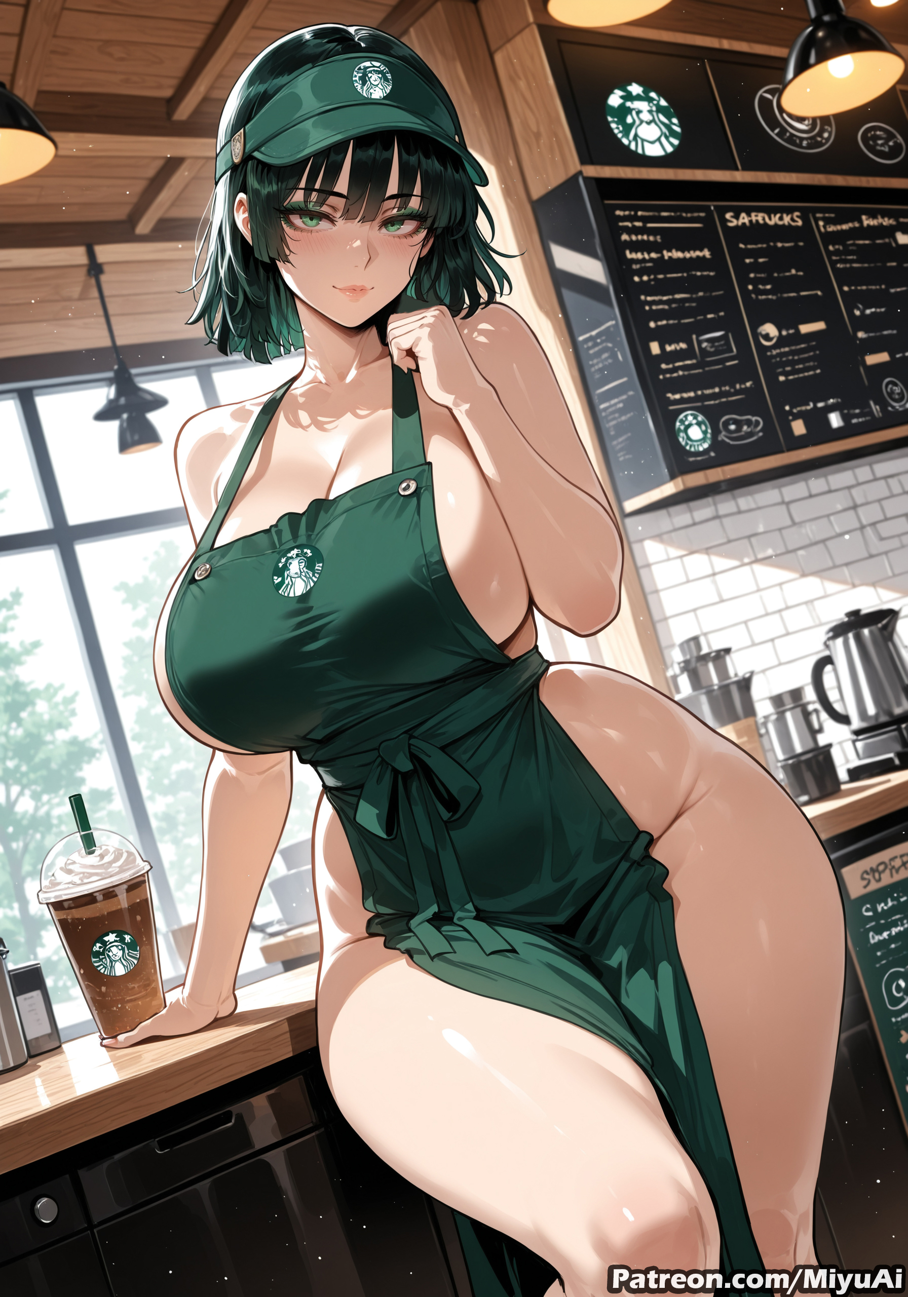 1girl, ai assisted, ai generated, apron, bangs, bare shoulders, black hair, blush, breasts, cleavage, closed mouth, collarbone, counter, cup, curvaceous, curvy, curvy female, curvy figure, female, fubuki (one-punch man), green dress, green eyes, groin, hat, huge breasts, indoors, looking at viewer, miyuai, naked apron, one-punch man, short hair, sideboob, smile, solo, table, thick, thick ass, thick butt, thick hips, thick legs, thick thighs, thighs, voluptuous, voluptuous female, wide hips, wide thighs