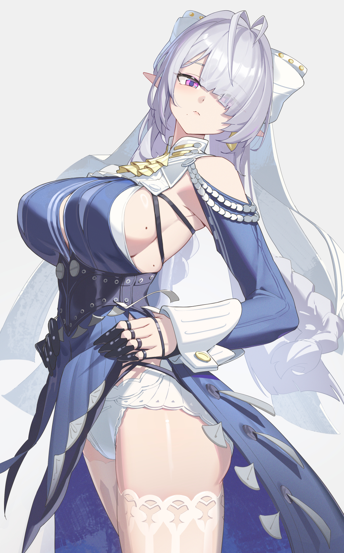 1girls, big breasts, breasts, female, hoyoverse, large breasts, long hair, mature female, mihoyo, panties, pantyshot, pantyshot (standing), purple eyes, reulem, thighhighs, underwear, upskirt, velina (zenless zone zero), velina airgid, white hair, white panties, white thighhighs, white underwear, zenless zone zero