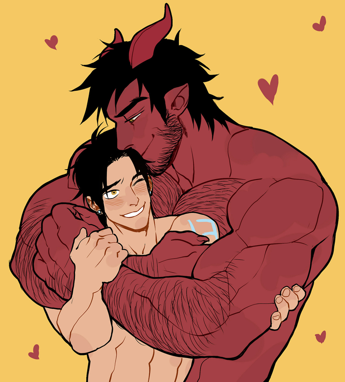 abs affection beard black_hair body_hair chest_hair cuddling cute dark_hair demon dom earrings facial_hair gay glowing_markings hairy hairy_arms heart horns human incubus light_skin looking_at_partner male male/male male_on_male male_only monster muscles muscular muscular_male nuzzling one_eye_closed original_character pecs piercing pointy_ears red_skin s-13 size_difference smile stubble suyohara the_devil_and_s-13 twitter_user_oc wide_hips yellow_background yellow_eyes