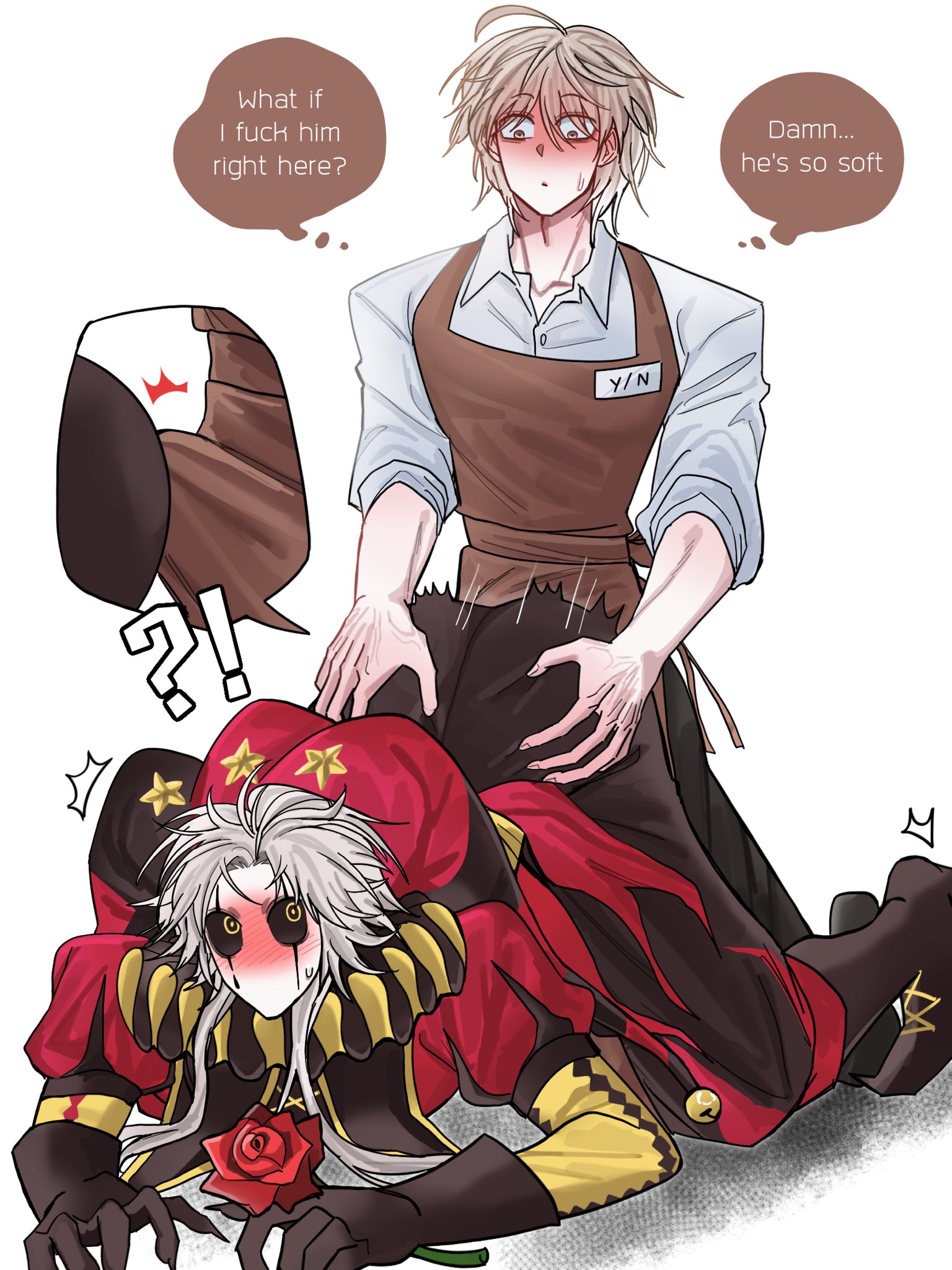 bent over, blushing at partner, blushing face, blushing male, erection under clothes, gay, jester, jester hat, jester outfit, male y/n, male/male, masked male, pierrot (the freak circus), rose (flower), the freak circus, white hair