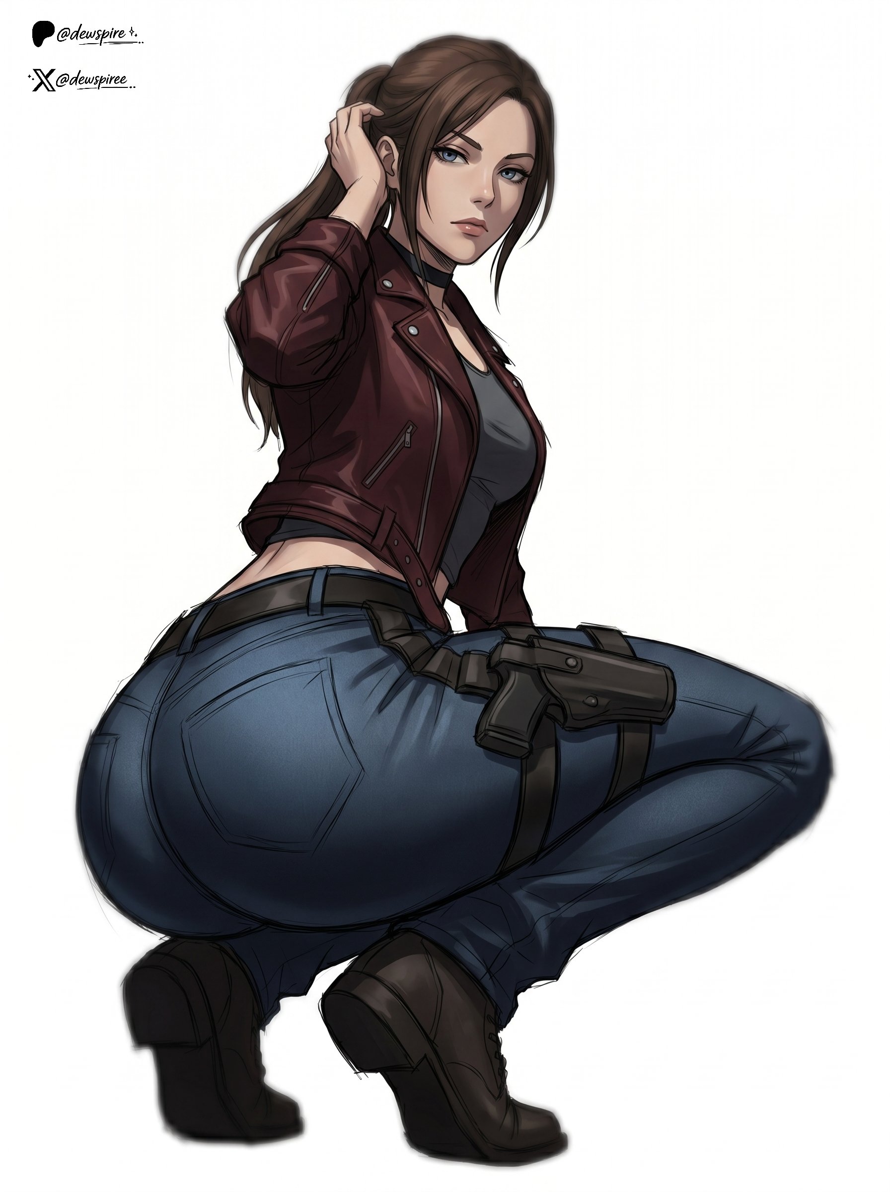 1girls, 2d, back view, bare midriff, big ass, big butt, blue eyes, boots, brown hair, claire redfield, crouching, crouching female, dewspire, female, female only, jeans, large ass, large butt, medium breasts, open jacket, ponytail, resident evil, resident evil code veronica, side view, solo, t-shirt, tagme, thick thighs, tied hair, tight fit, video game character, video games, white background