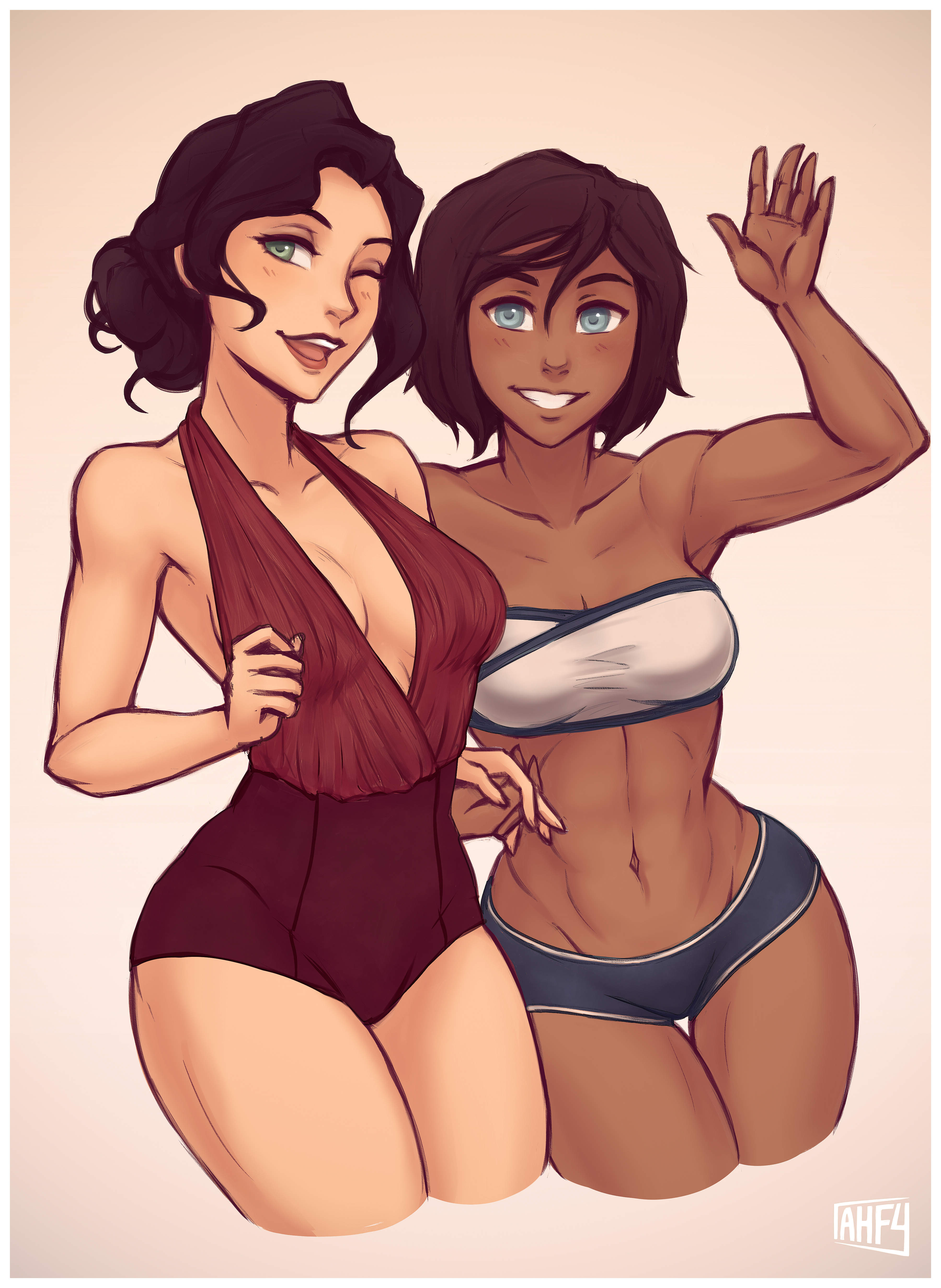 2girls, abs, absurd res, armpits, artist name, asami sato, avatar legends, black hair, blue eyes, bob cut, bra, breasts, canon couple, casual, chocolate and vanilla, cleavage, collarbone, completely nude, couple, dark skin, dark-skinned female, eyelashes, eyeliner, eyeshadow, female, female only, green eyes, hand holding, hi res, holding hands, human, iahfy, korra, leotard, lesbian, lipstick, long hair, looking at viewer, makeup, medium breasts, multiple females, multiple girls, navel, nipples, nude, one-piece swimsuit, pale skin, short hair, shorts, smile, smooth skin, swimsuit, the avatar, the legend of korra, thick thighs, toned, toned female, tummy, water tribe, waving, wide hips, winking, yuri