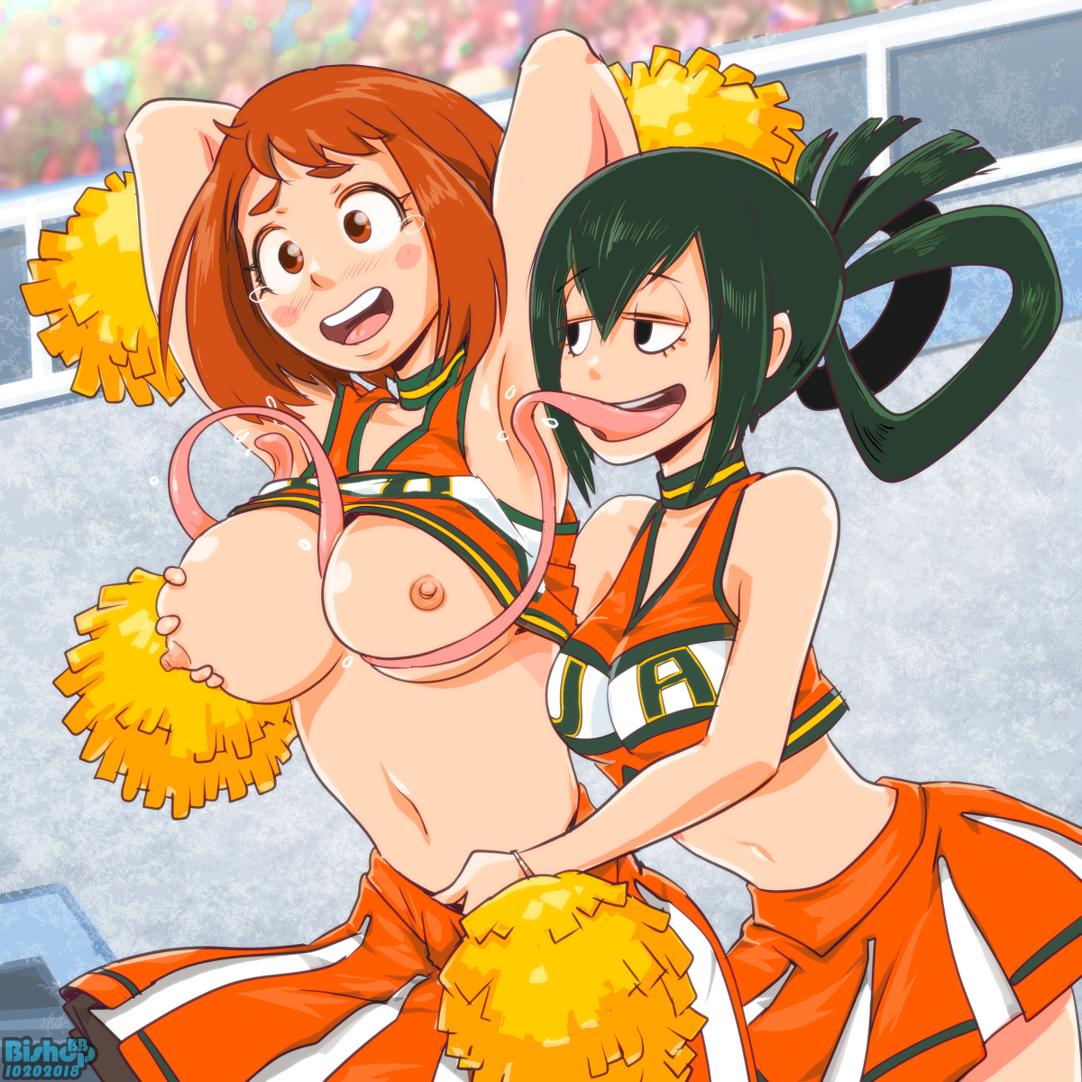 2girls, areolae, armpit licking, armpits, arms behind back, belly, bishopbb, blush, blush stickers, breast grab, breast licking, breasts, brown hair, brown-haired female, cheerleader, cheerleader uniform, exhibitionism, eyelashes, female, female only, fondling, green hair, green-haired female, groping, half-closed eyes, hand under clothes, hand under skirt, licking, long tongue, midriff, multiple females, multiple girls, my hero academia, nipples, ochako uraraka, open mouth, pom poms, public, skirt, tongue, tongue between breasts, tongue out, tongue wrap, tsuyu asui, u.a. cheerleader outfit, yuri