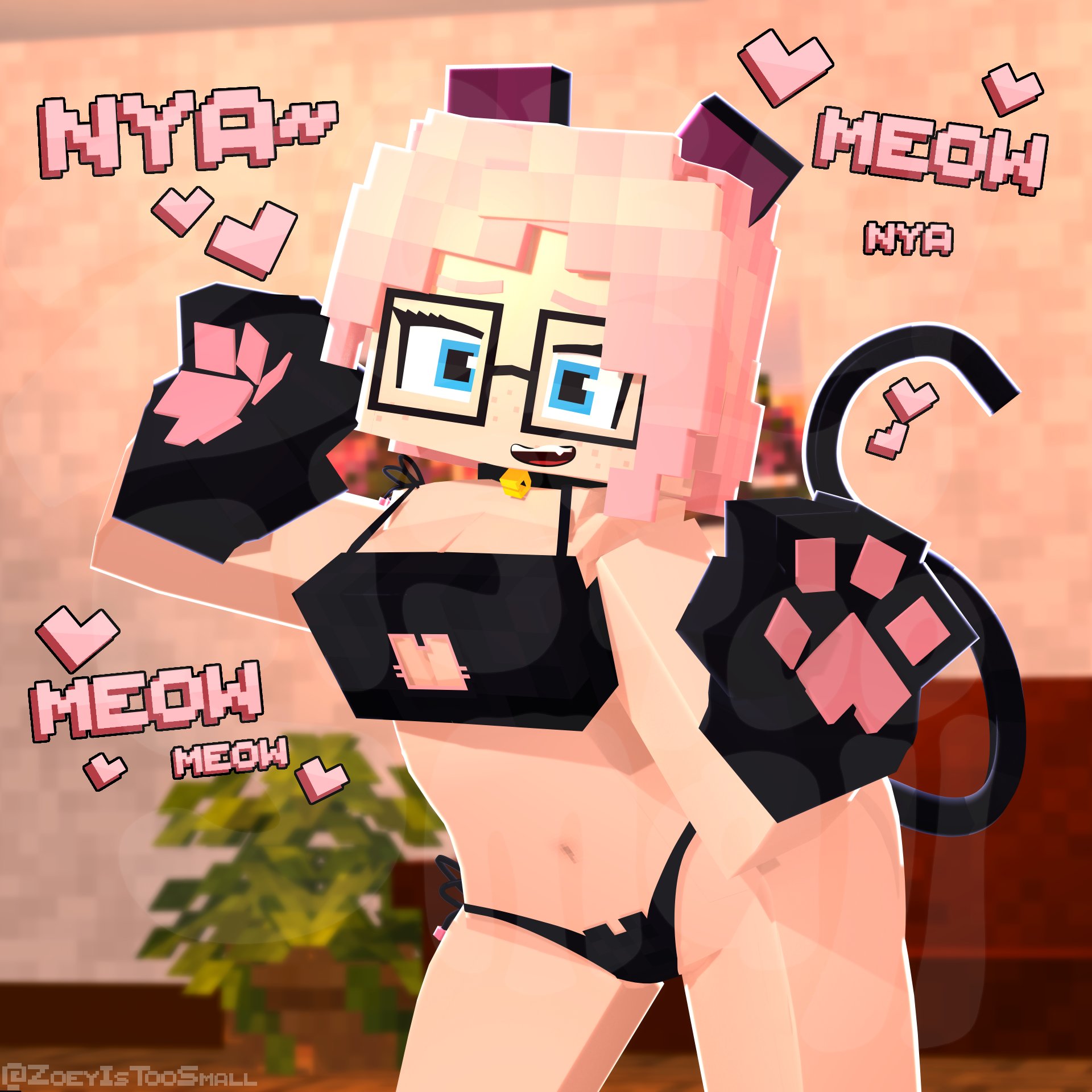 1female, 1girls, 2026, 3d, animal ears, bare shoulders, bell collar, blue eyes, boob window, boobs, breasts, cat ears, cat tail, cleavage, collar, cubic breasts, english text, eyewear, facing viewer, female, female artist, female only, freckles, freckles on face, front view, glasses, handwear, heart symbol, legs apart, light skin, light-skinned female, mine-imator, minecraft, mojang, mouth open, neckwear, open mouth, pink hair, pink hair female, solo, solo female, standing, tagme, tail, text, tits, zoey (zoeyistoosmall), zoey is too small