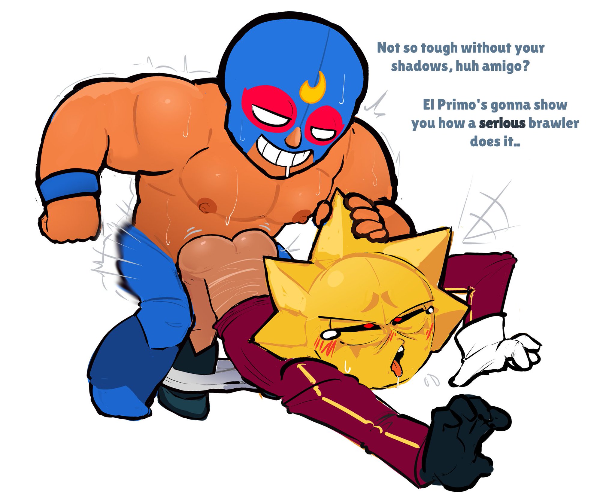 anal sex, blushing, brawl stars, coffeecuntz, crying, el primo (brawl stars), english text, gay sex, grabbing from behind, male only, masked male, muscular male, pants down, pleasure face, sirius (brawl stars), sweating, tagme, tan skin, tongue out, topless male, white background