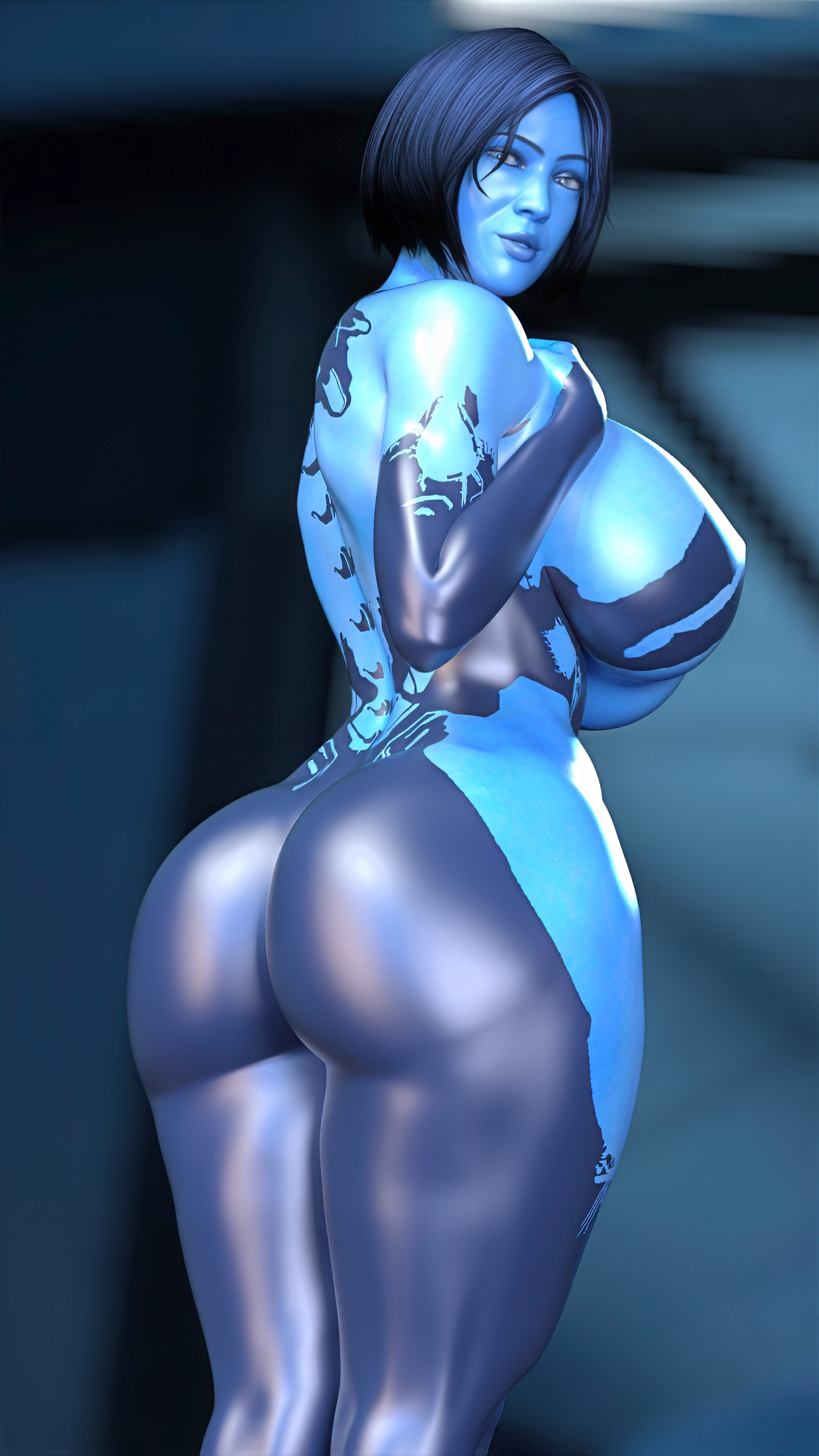 3d, 3d render, 3dcg, 3dx, big ass, big breasts, blue background, blue body, blue eyes, blue hair, blue skin, breast press, breast squeeze, cortana, female, female only, halo, halo (game), halo (series), halo 4, looking at viewer, thick hips, xapo69