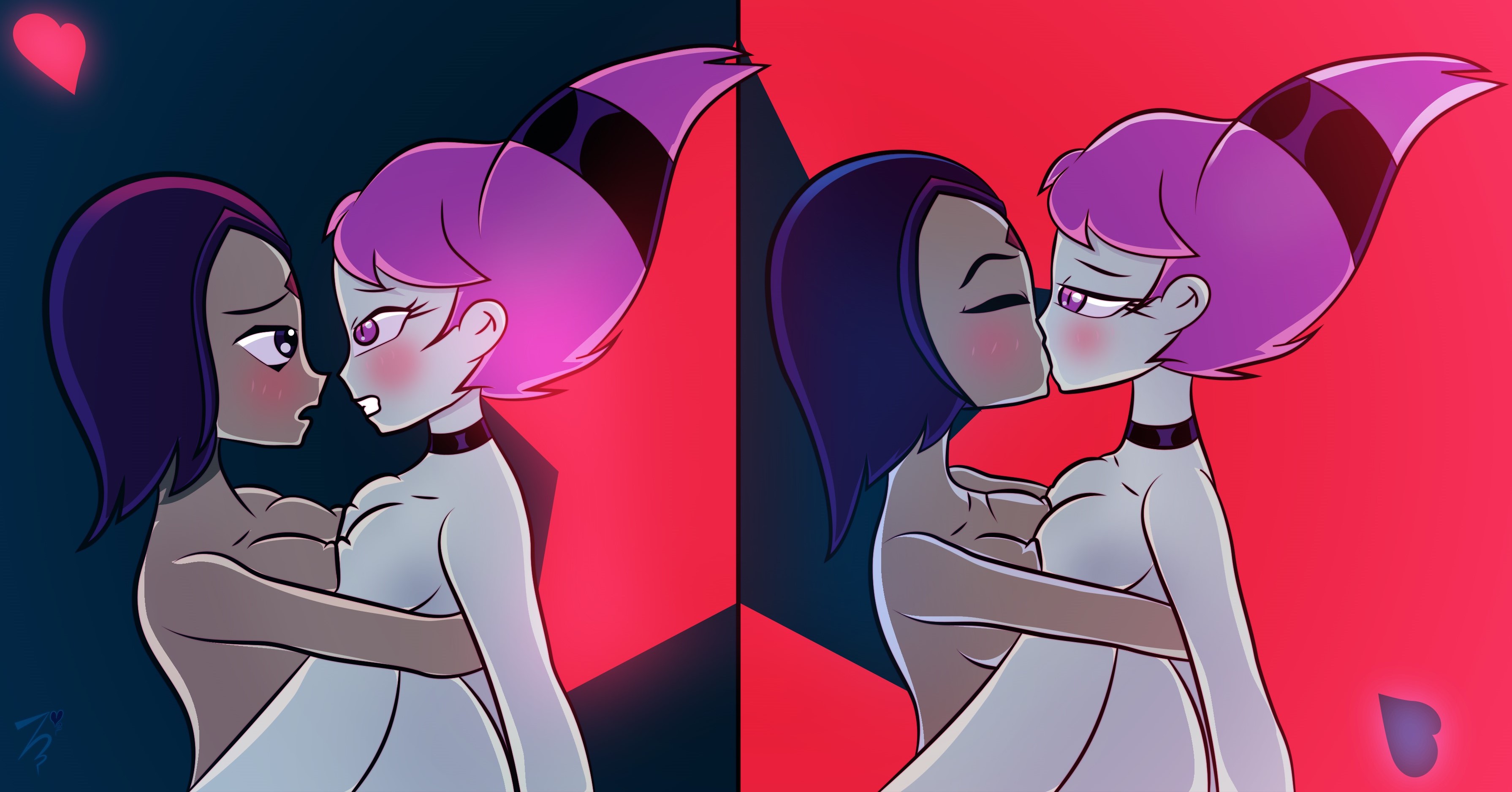 anoningen, blush, dc, dc comics, female, futa on female, futanari, intersex, jinx (dc), kiss, kissing, rachel roth, raven (dc), straight hair, teen titans